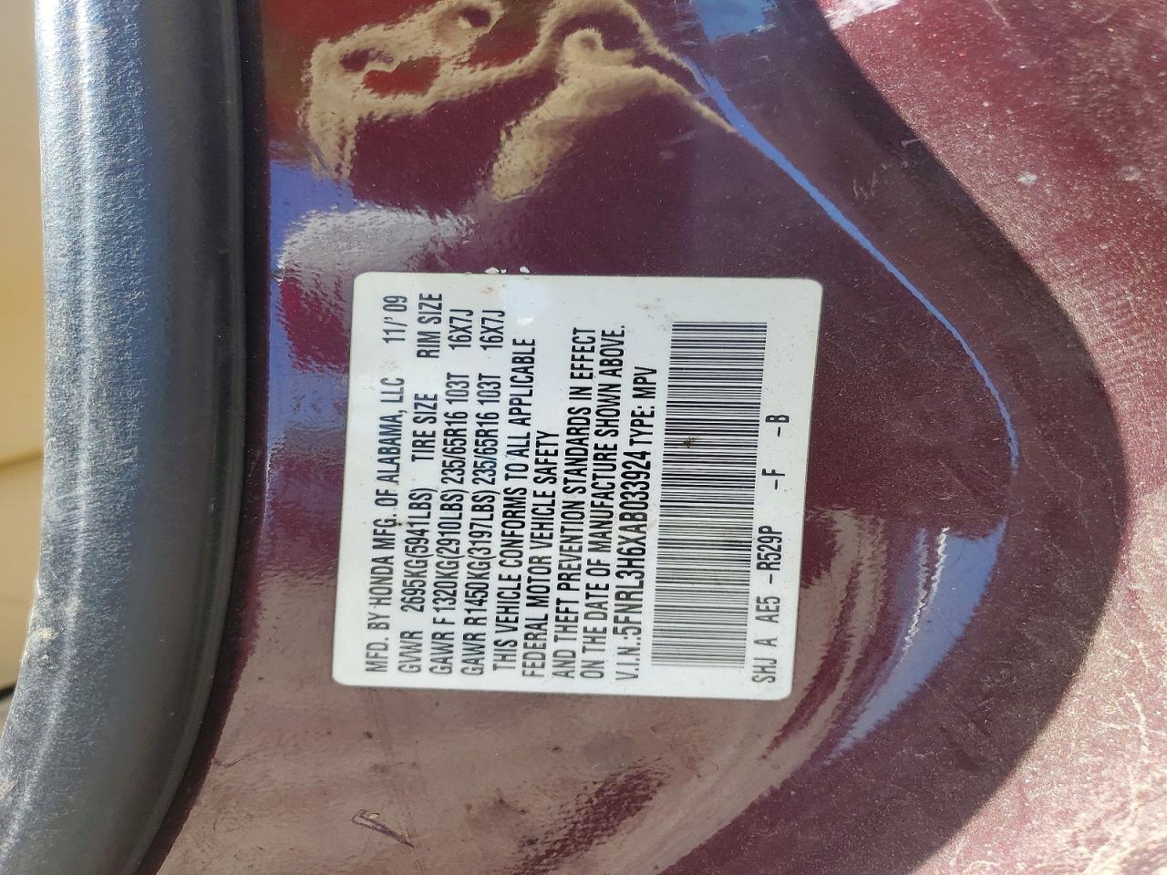 2010 Honda Odyssey Exl Red vin: 5FNRL3H6XAB033924