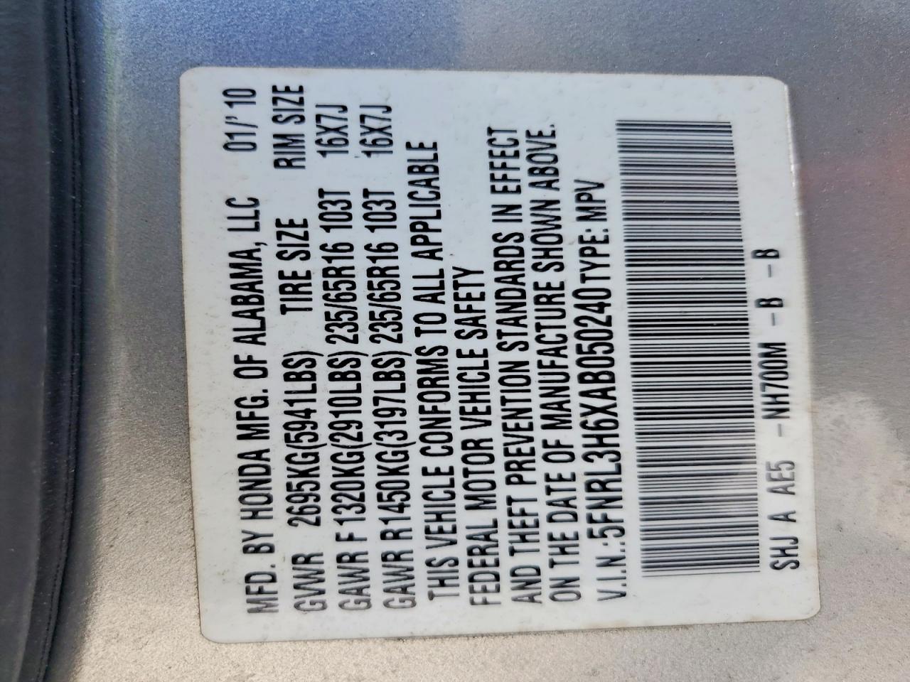 2010 Honda Odyssey Exl Silver vin: 5FNRL3H6XAB050240