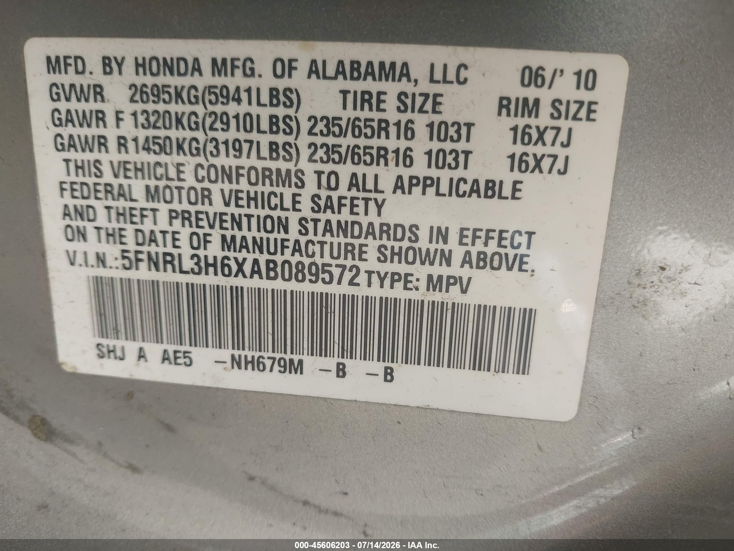 2010 Honda Odyssey Ex-l Light Blue vin: 5FNRL3H6XAB089572