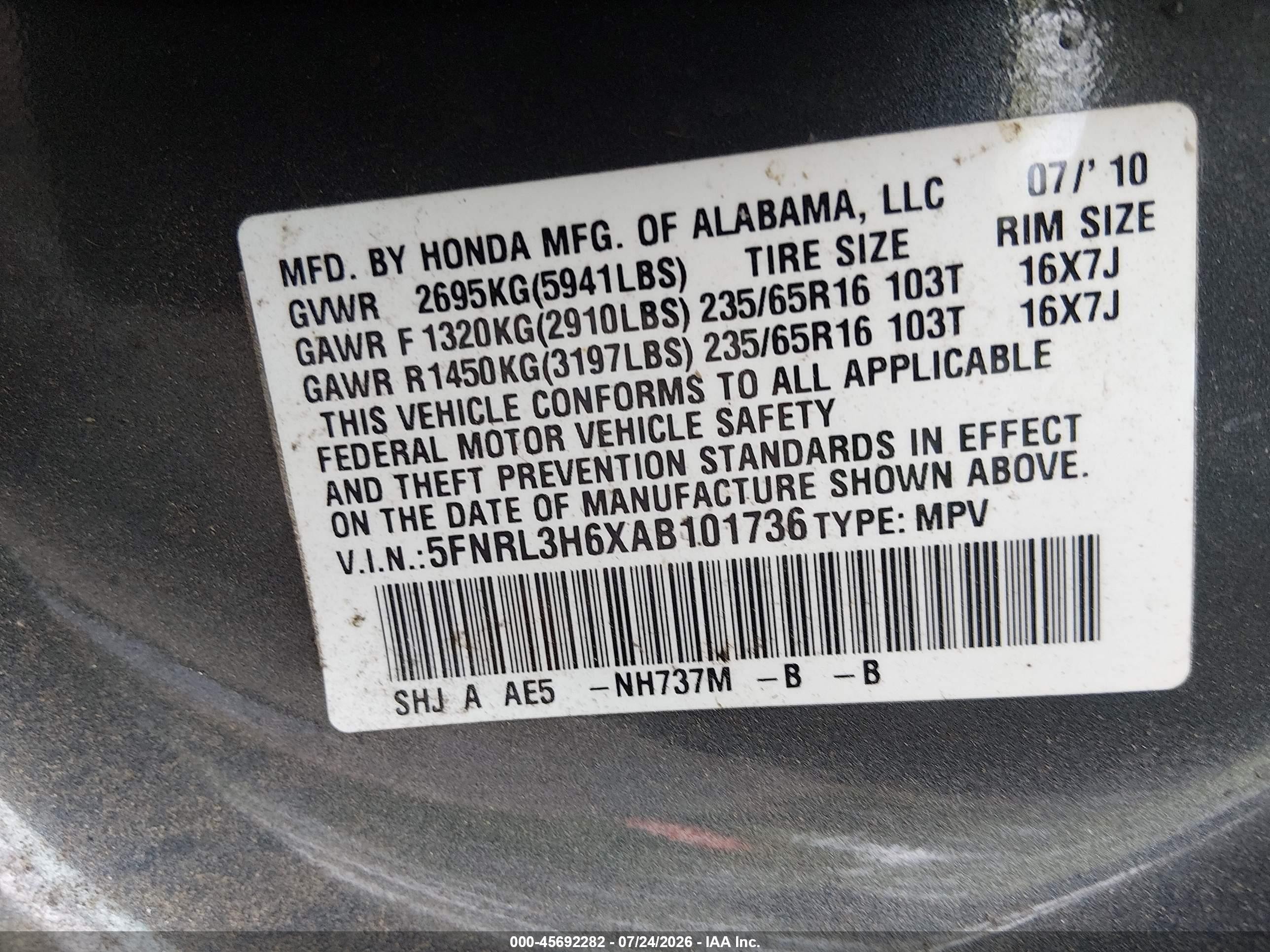 2010 Honda Odyssey Ex-l Gray vin: 5FNRL3H6XAB101736