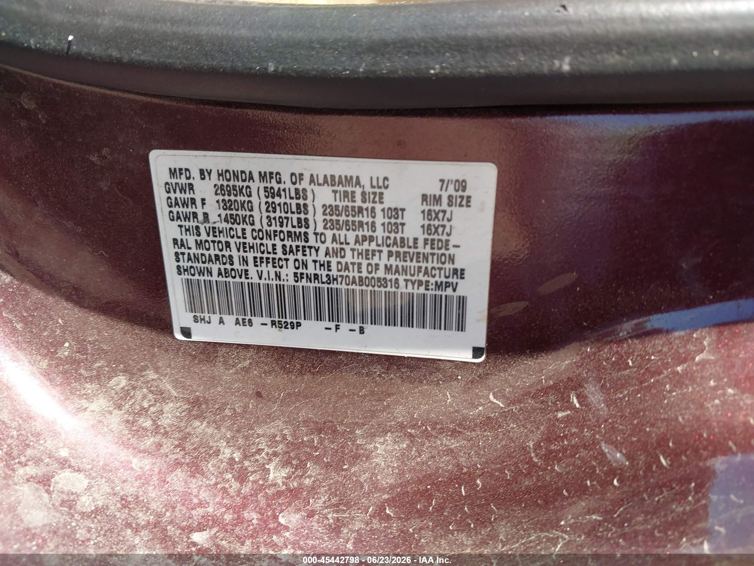 2010 Honda Odyssey Ex-l Maroon vin: 5FNRL3H70AB005316