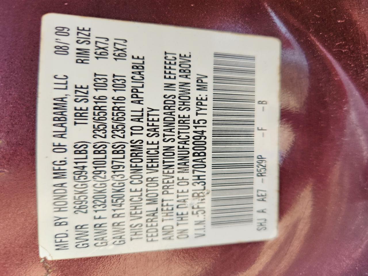 2010 Honda Odyssey Exl Burgundy vin: 5FNRL3H70AB009415