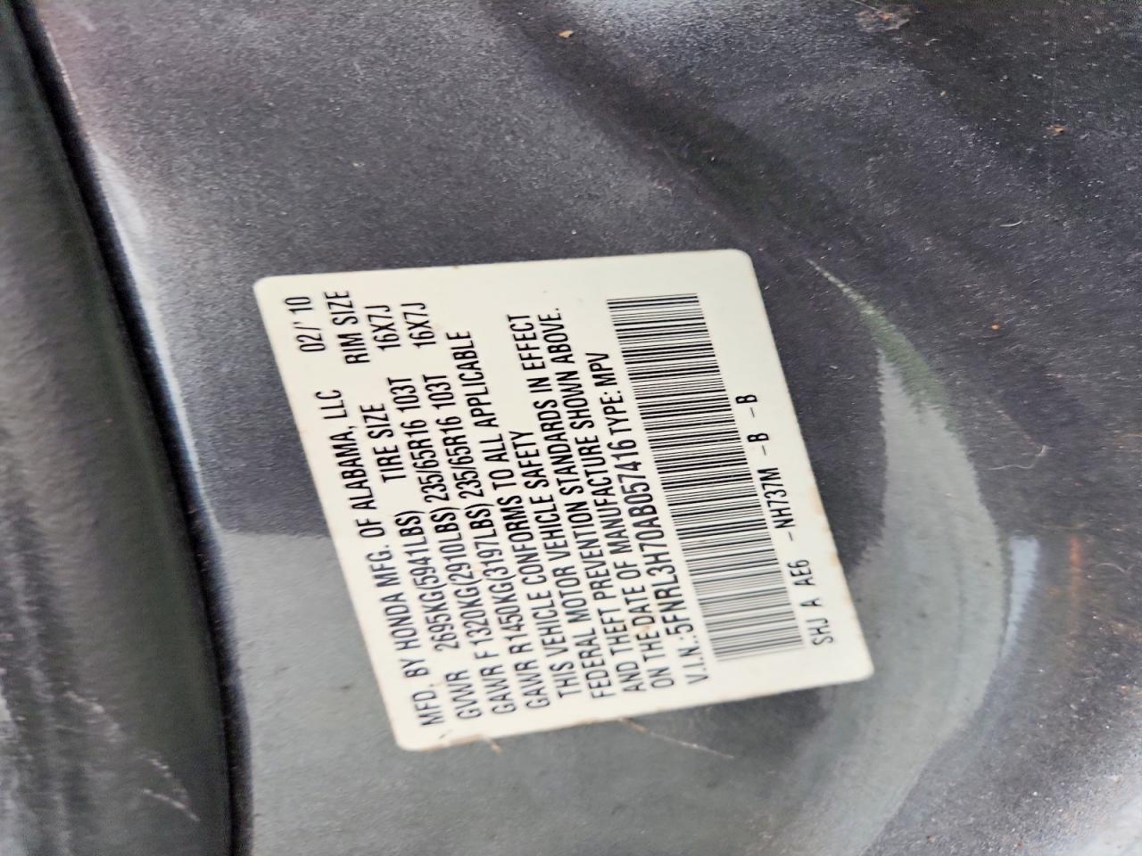 2010 Honda Odyssey Exl Gray vin: 5FNRL3H70AB057416