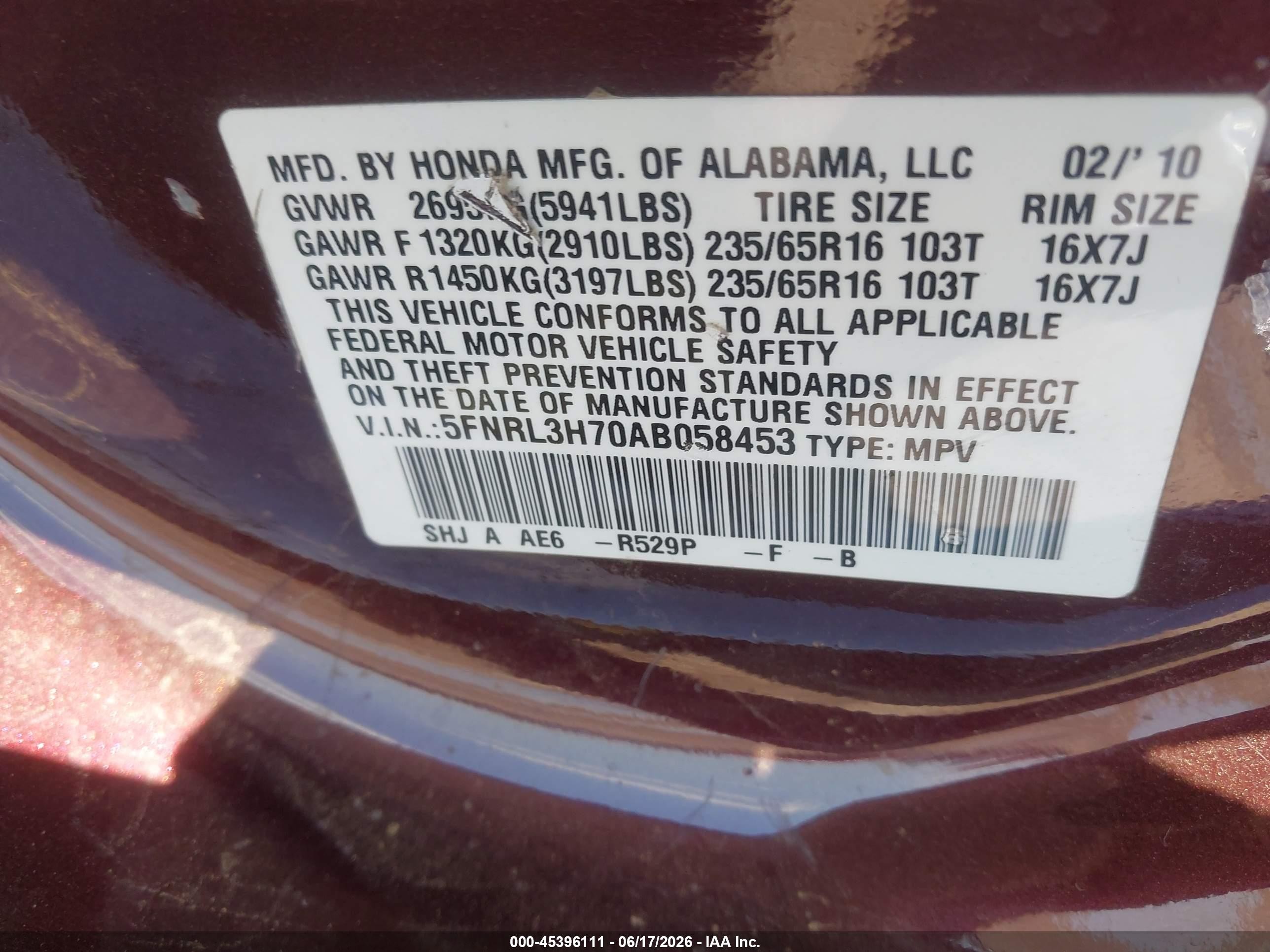 2010 Honda Odyssey Ex-l Maroon vin: 5FNRL3H70AB058453