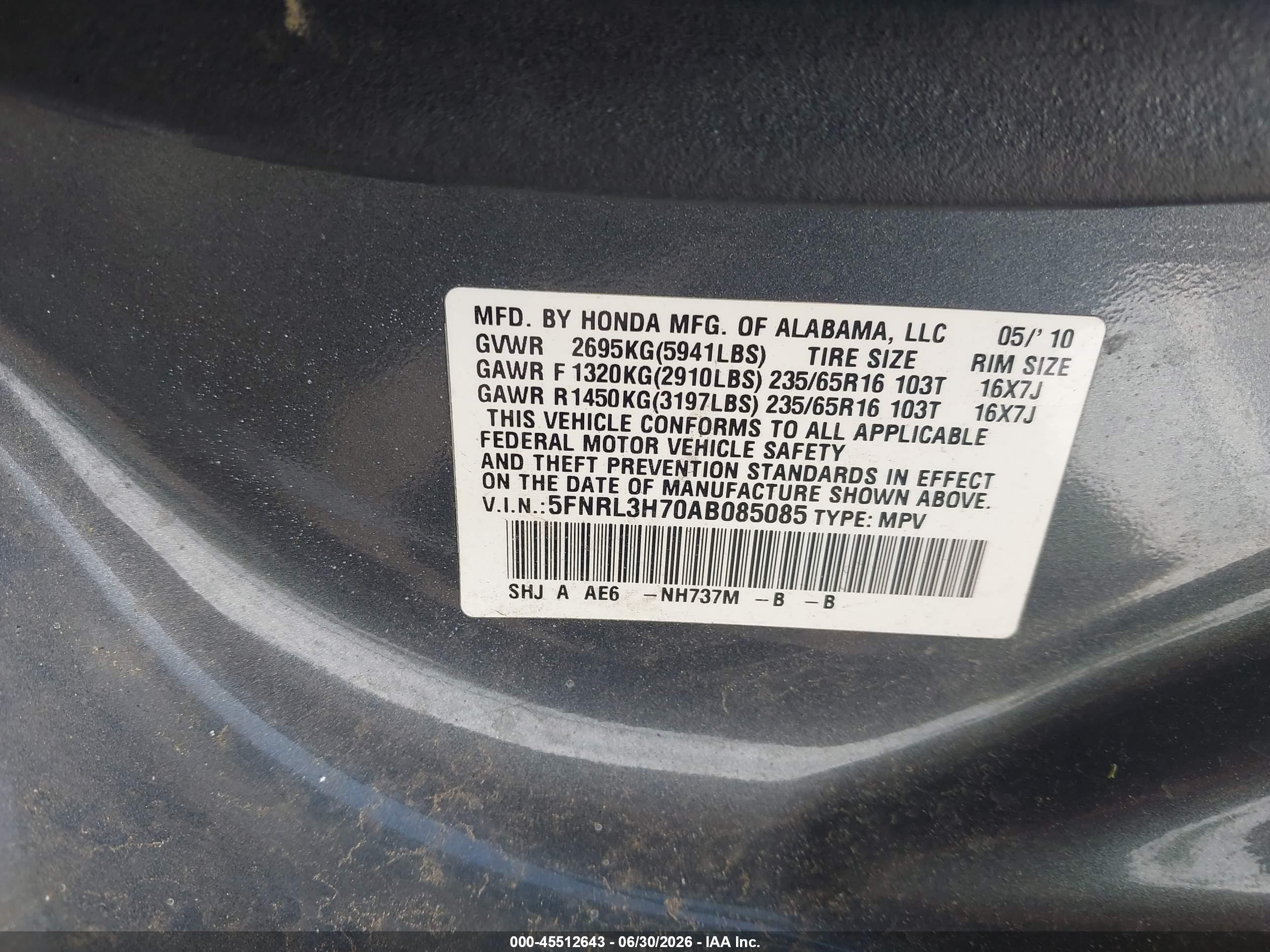 2010 Honda Odyssey Ex-l Gray vin: 5FNRL3H70AB085085