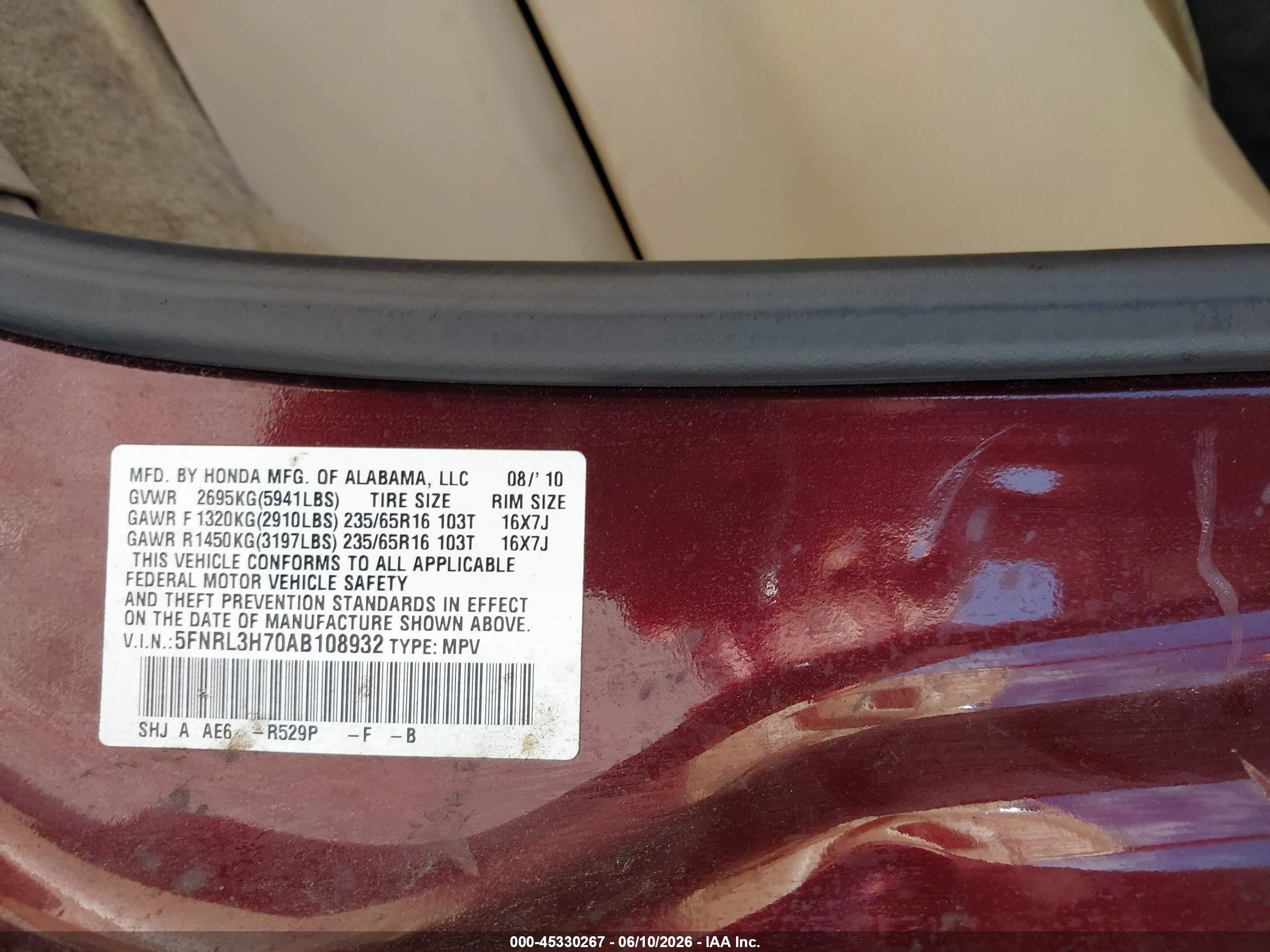 2010 Honda Odyssey Ex-l Maroon vin: 5FNRL3H70AB108932