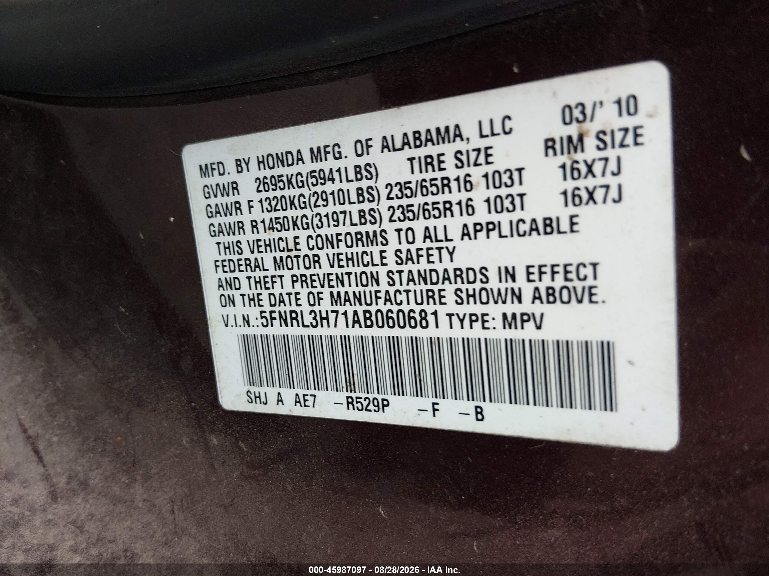 2010 Honda Odyssey Ex-l Maroon vin: 5FNRL3H71AB060681