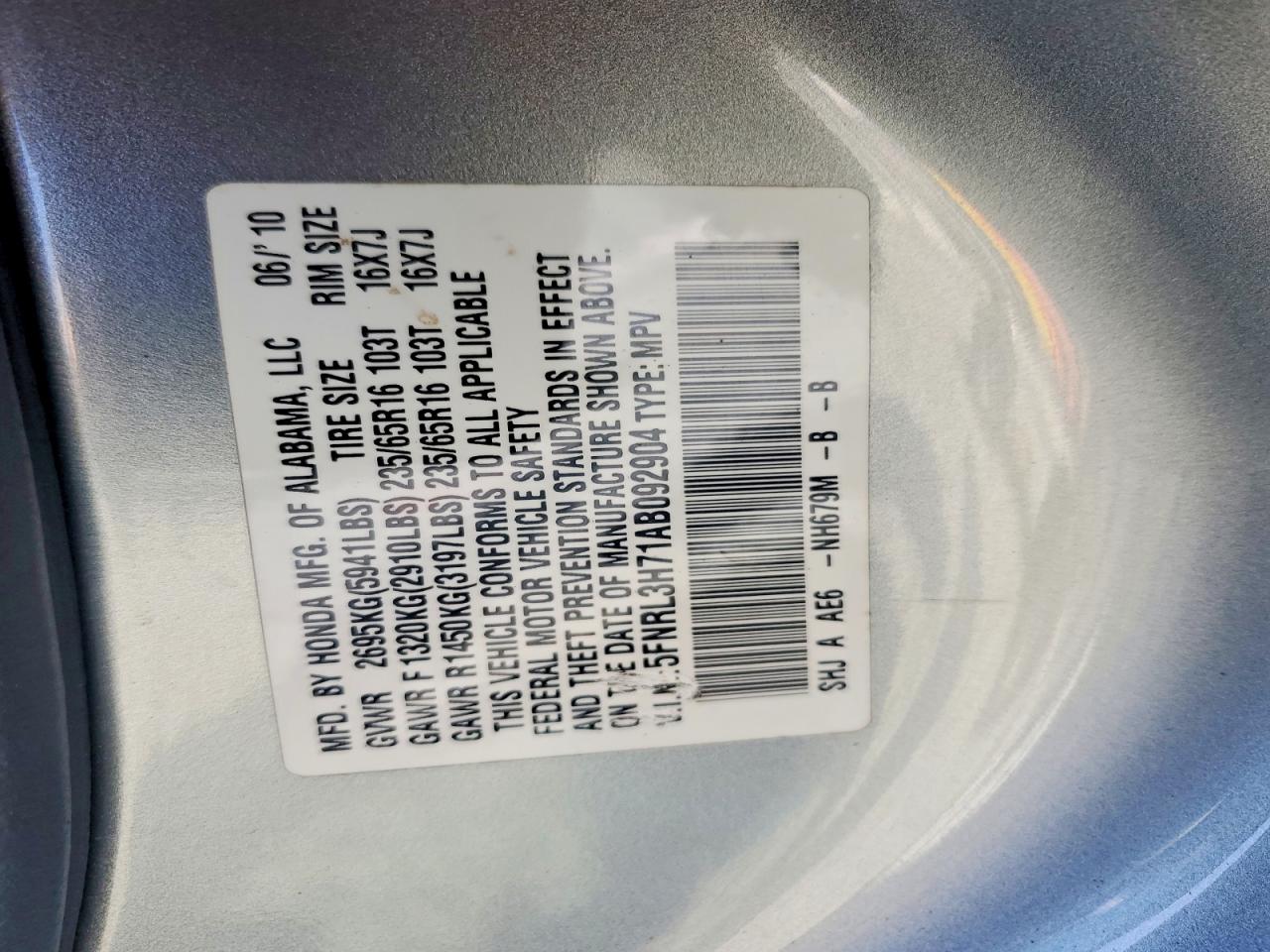 2010 Honda Odyssey Exl Silver vin: 5FNRL3H71AB092904