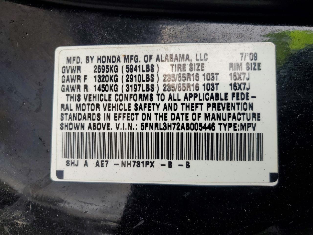 2010 Honda Odyssey Exl Black vin: 5FNRL3H72AB005446