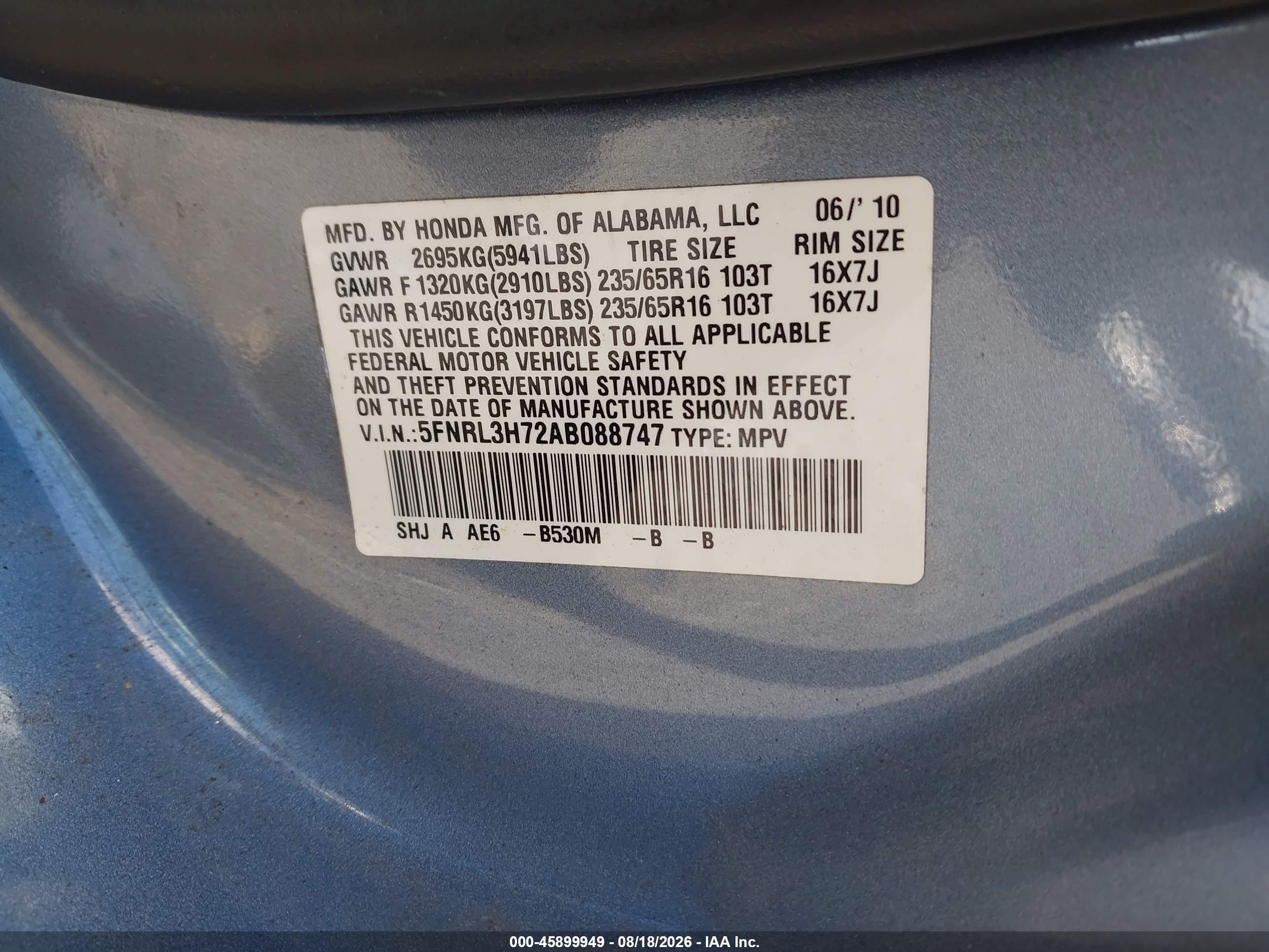2010 Honda Odyssey Ex-l Light Blue vin: 5FNRL3H72AB088747