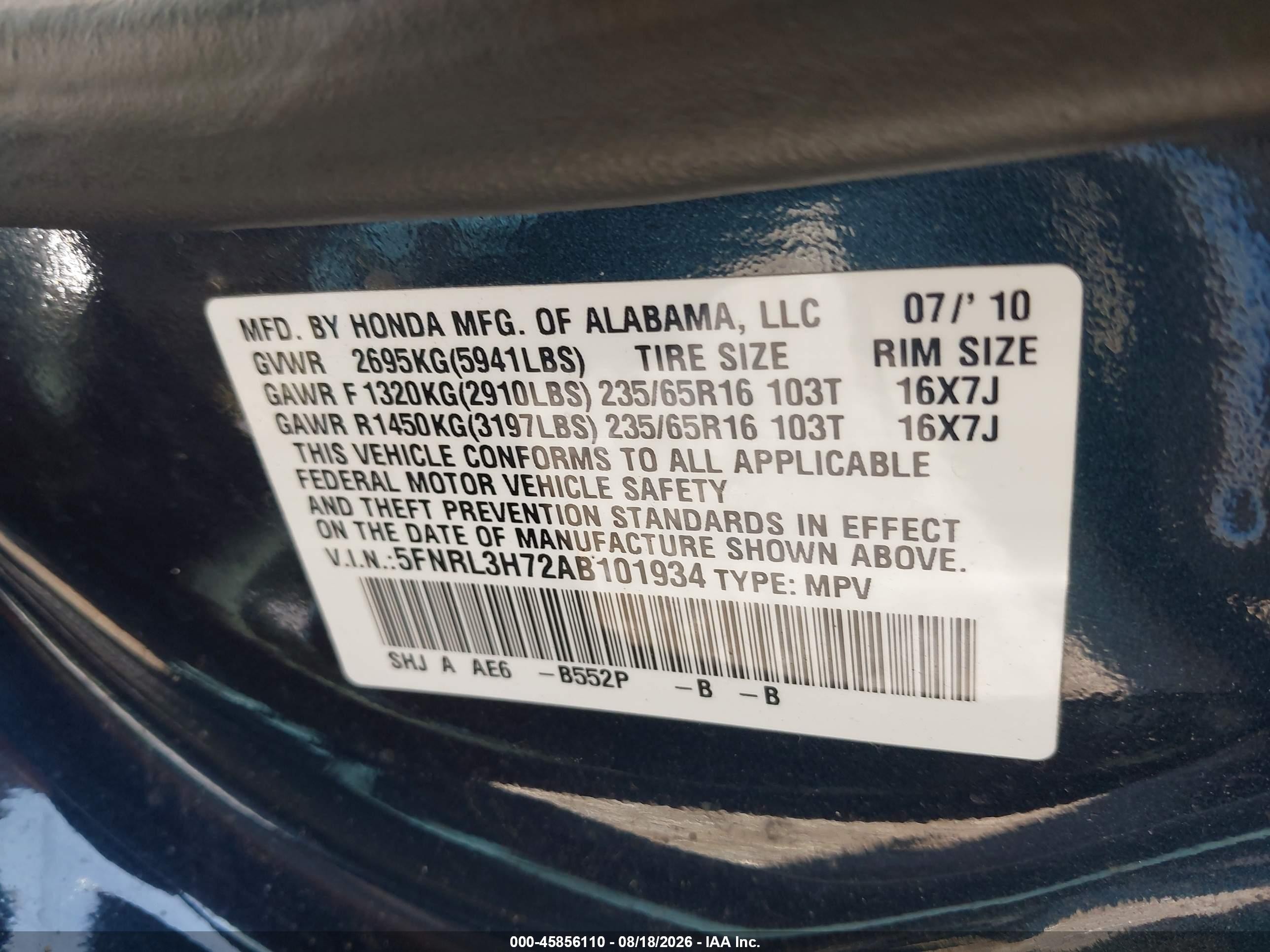 2010 Honda Odyssey Ex-l Blue vin: 5FNRL3H72AB101934