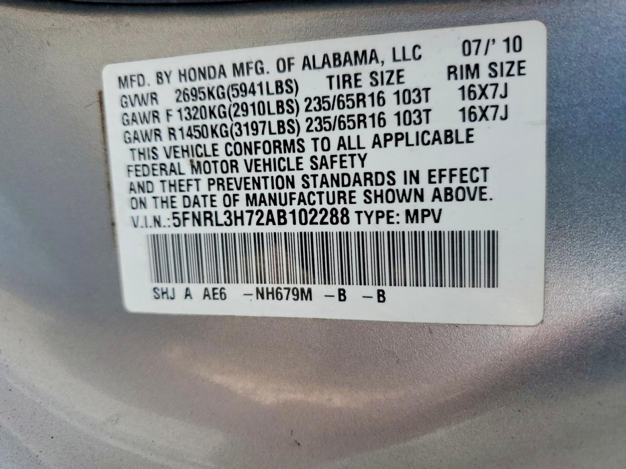 2010 Honda Odyssey Exl Silver vin: 5FNRL3H72AB102288