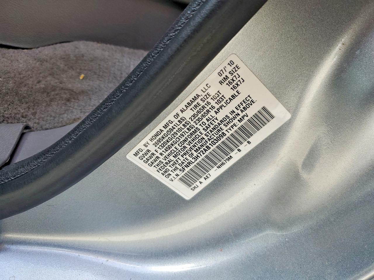 2010 Honda Odyssey Exl Silver vin: 5FNRL3H72AB103098