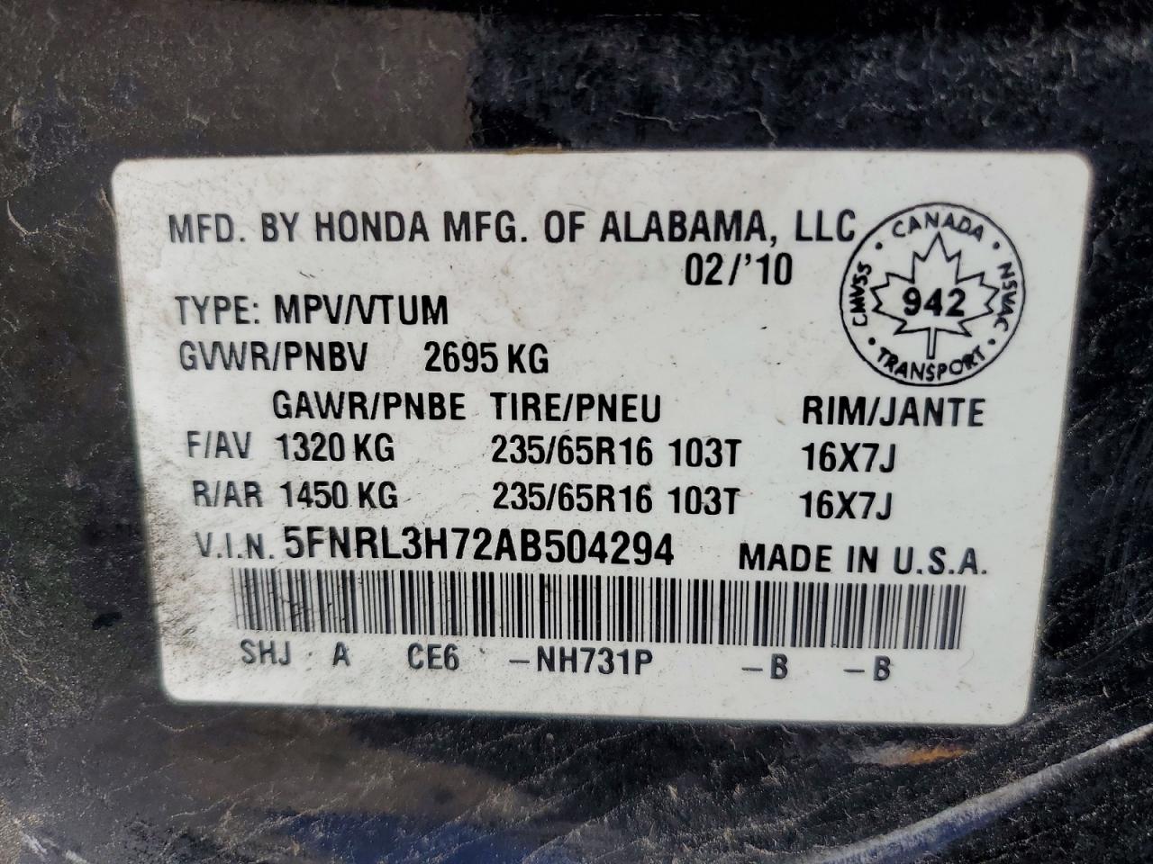 2010 Honda Odyssey Exl Black vin: 5FNRL3H72AB504294