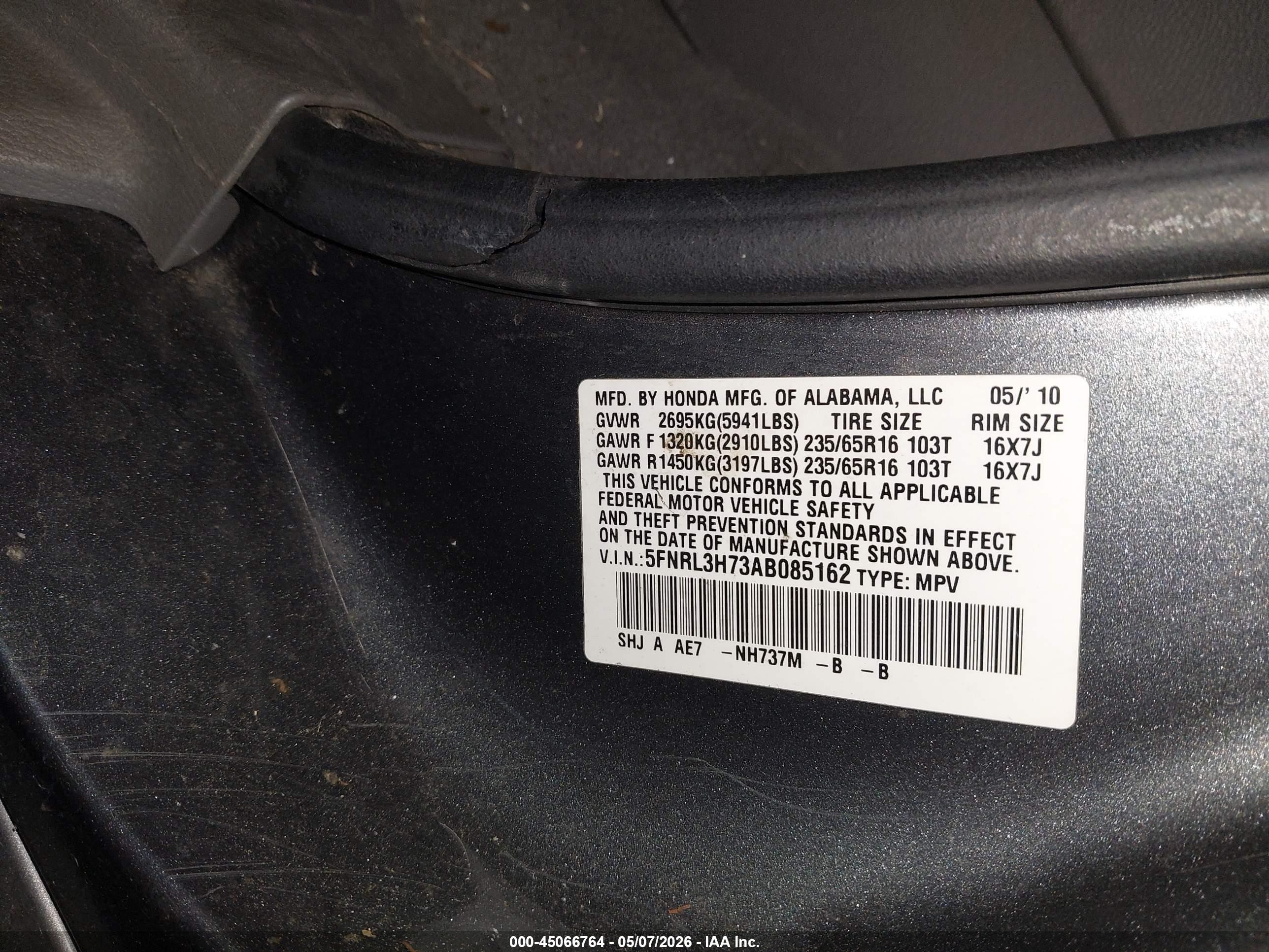 2010 Honda Odyssey Ex-l Gray vin: 5FNRL3H73AB085162