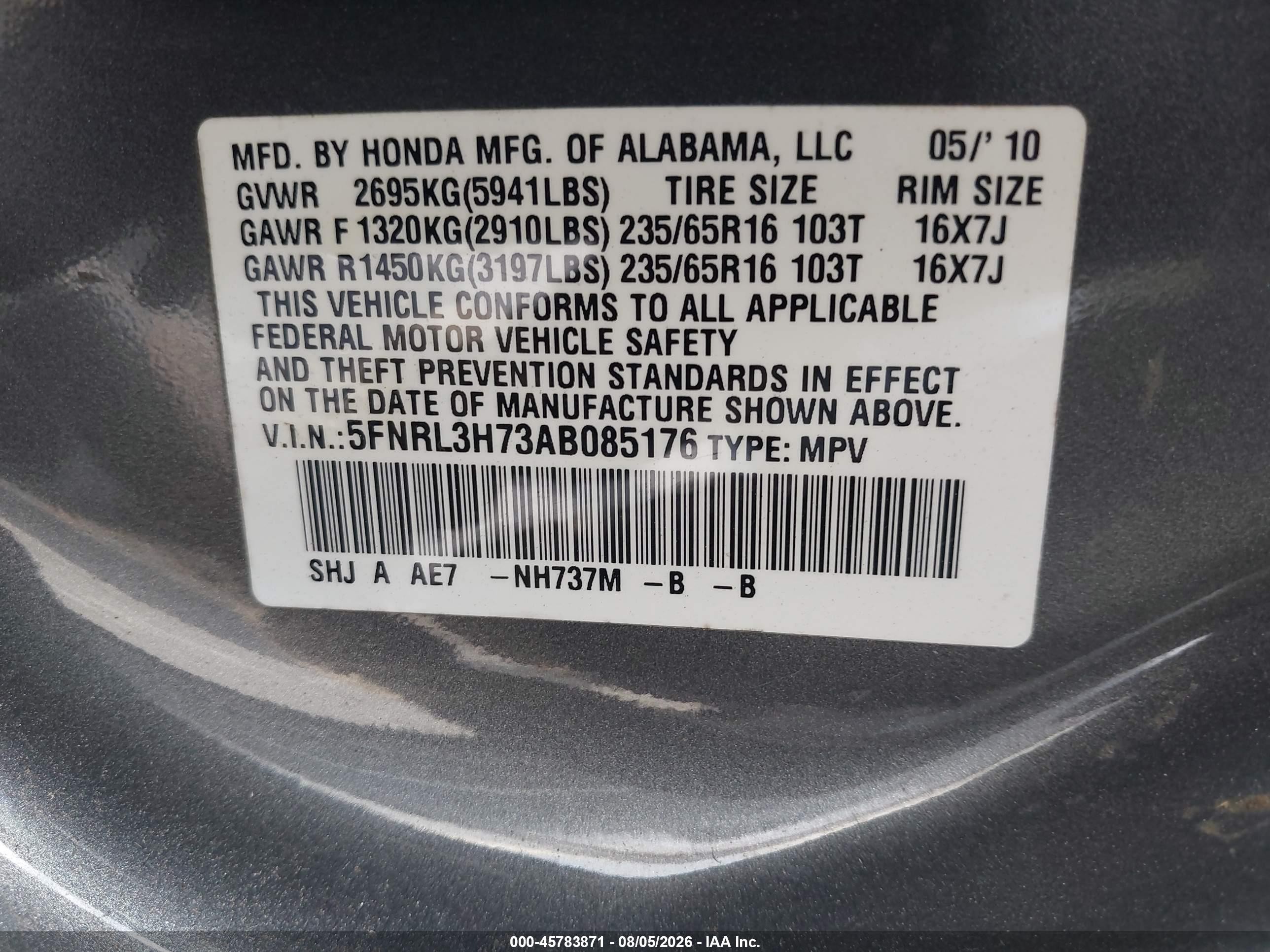 2010 Honda Odyssey Ex-l Gray vin: 5FNRL3H73AB085176