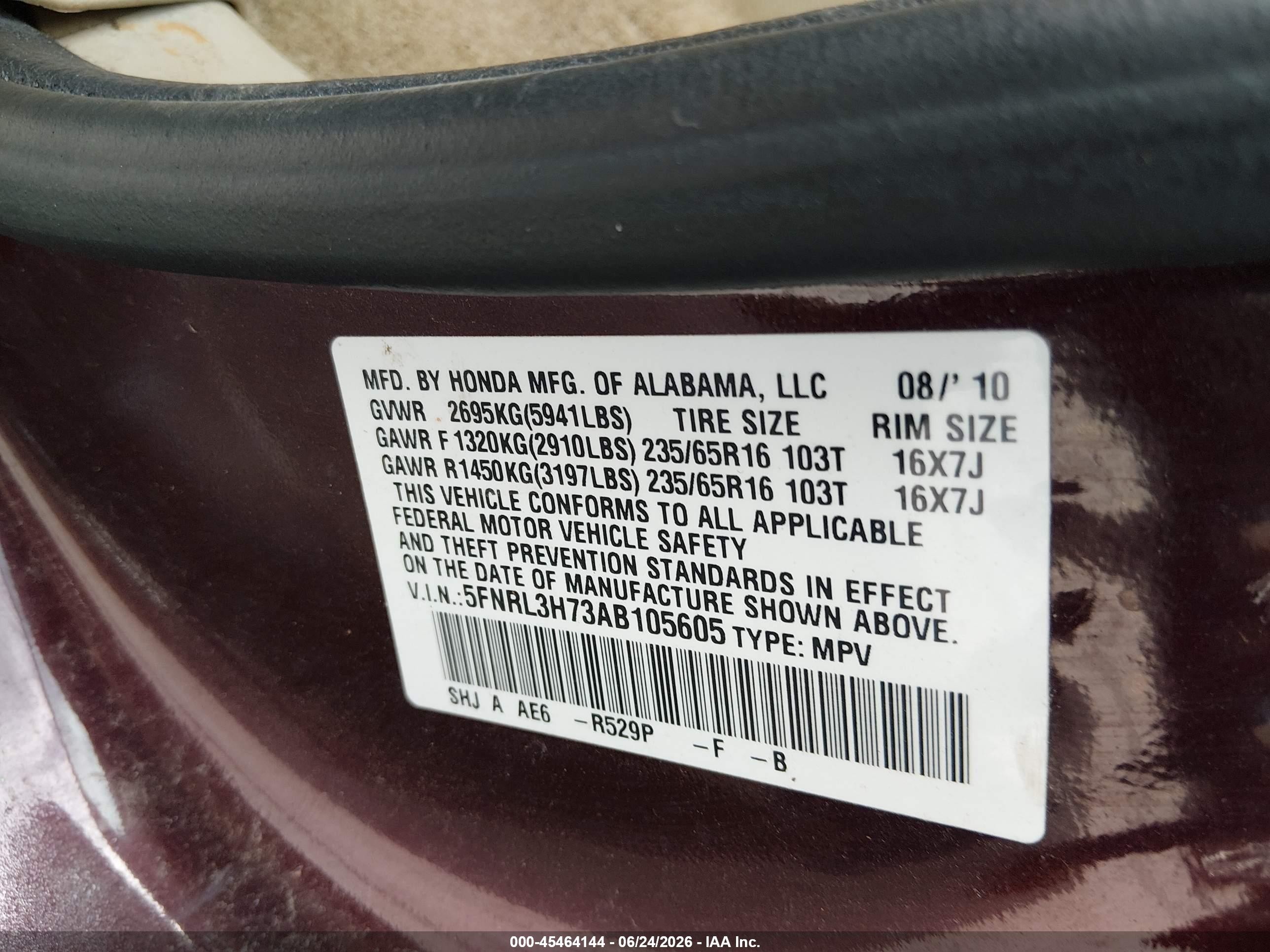 2010 Honda Odyssey Ex-l Maroon vin: 5FNRL3H73AB105605