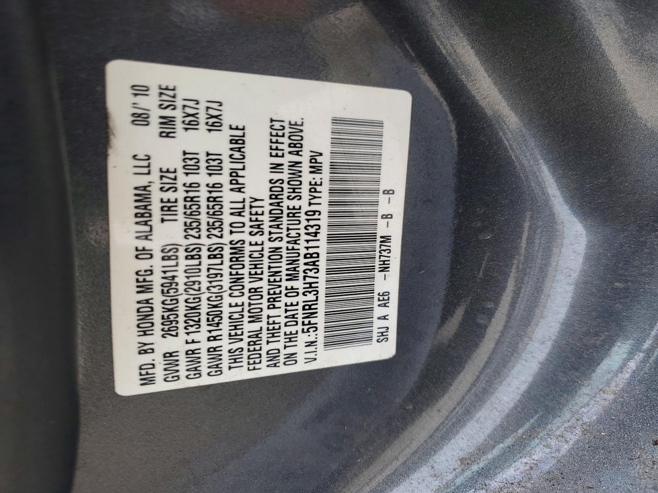 2010 Honda Odyssey Exl Gray vin: 5FNRL3H73AB114319