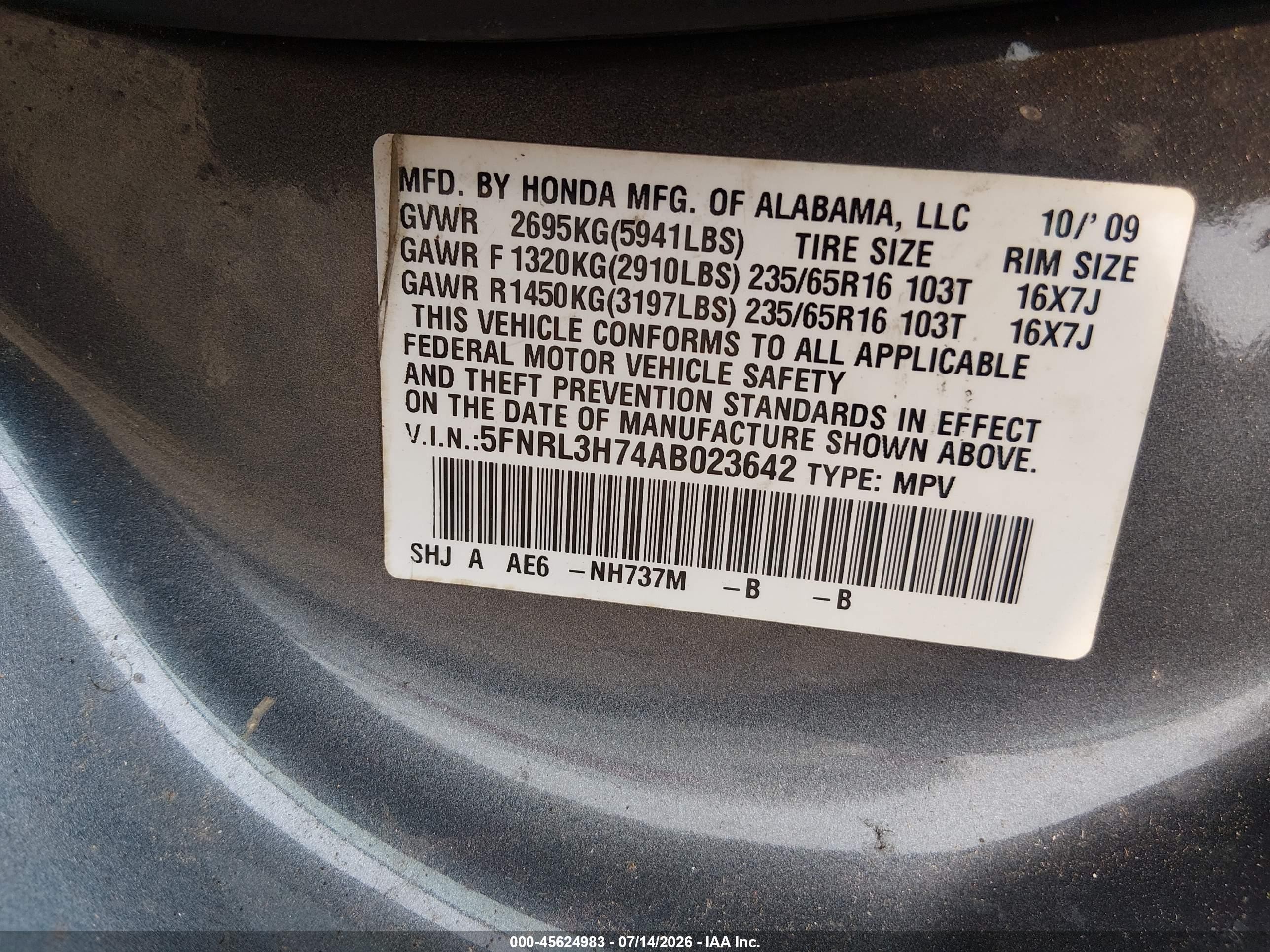 2010 Honda Odyssey Ex-l Gray vin: 5FNRL3H74AB023642