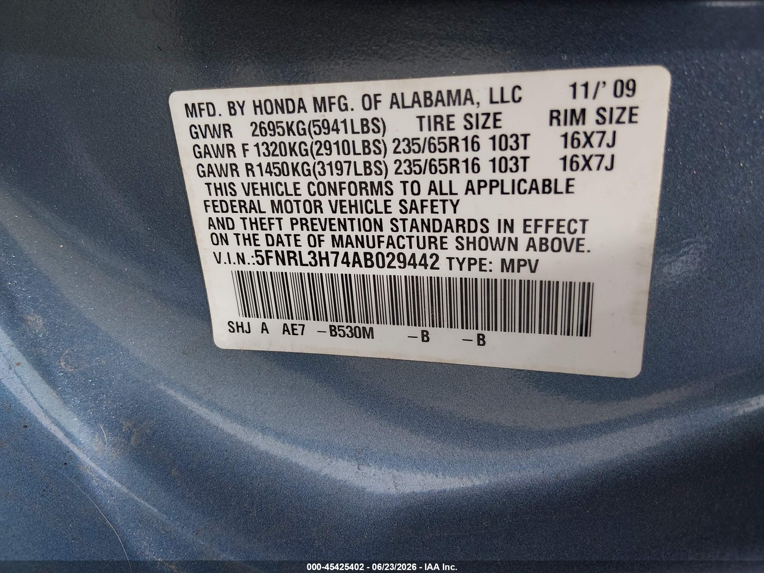 2010 Honda Odyssey Ex-l Light Blue vin: 5FNRL3H74AB029442