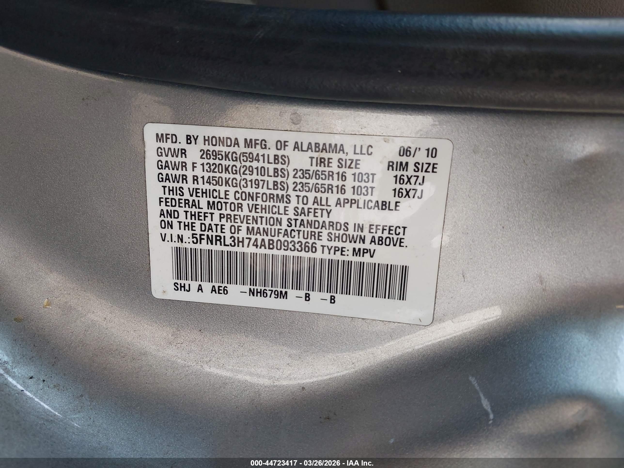 2010 Honda Odyssey Ex-l Turquoise vin: 5FNRL3H74AB093366
