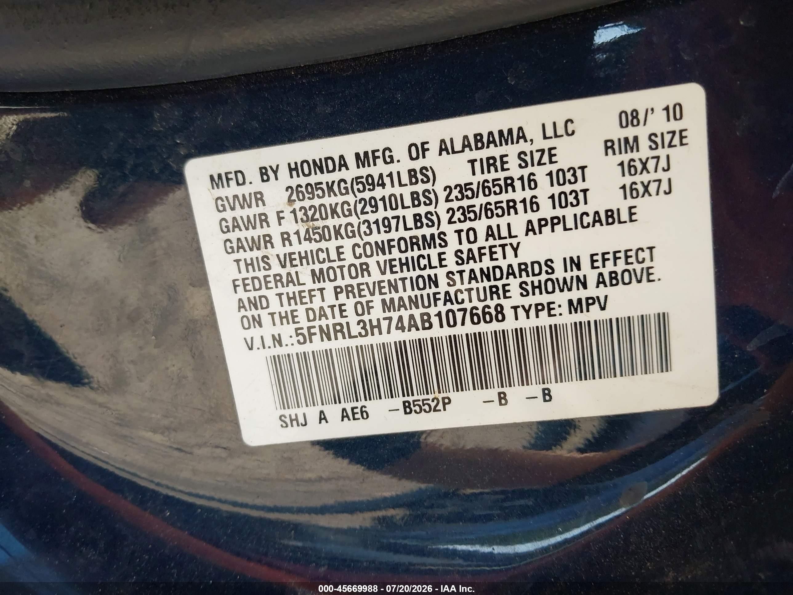 2010 Honda Odyssey Ex-l Dark Blue vin: 5FNRL3H74AB107668
