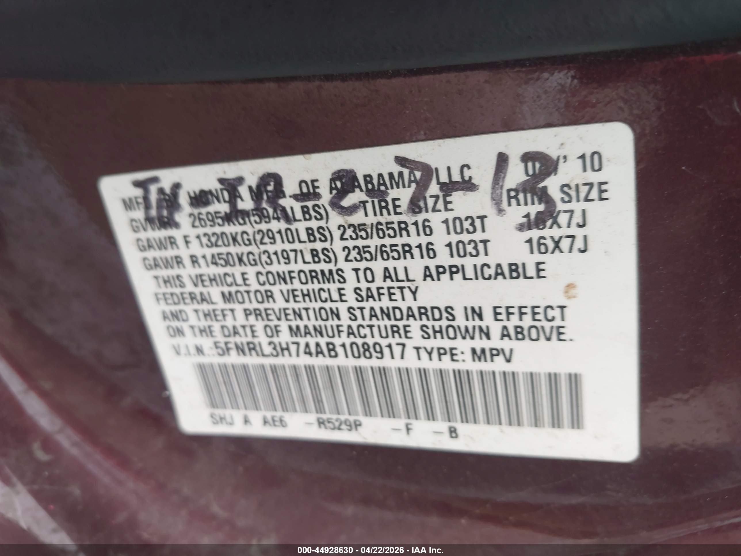 2010 Honda Odyssey Ex-l Maroon vin: 5FNRL3H74AB108917