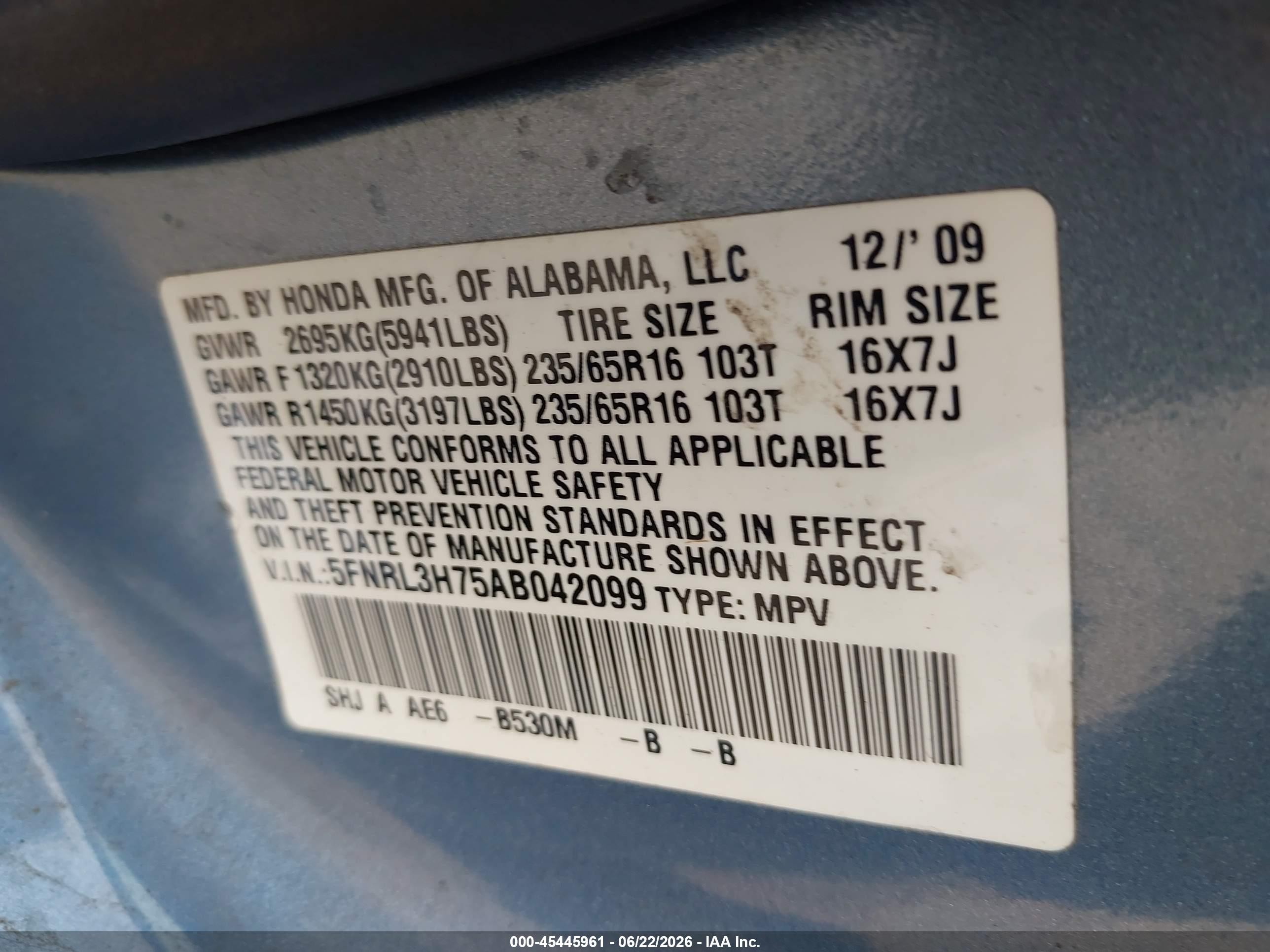 2010 Honda Odyssey Ex-l Light Blue vin: 5FNRL3H75AB042099