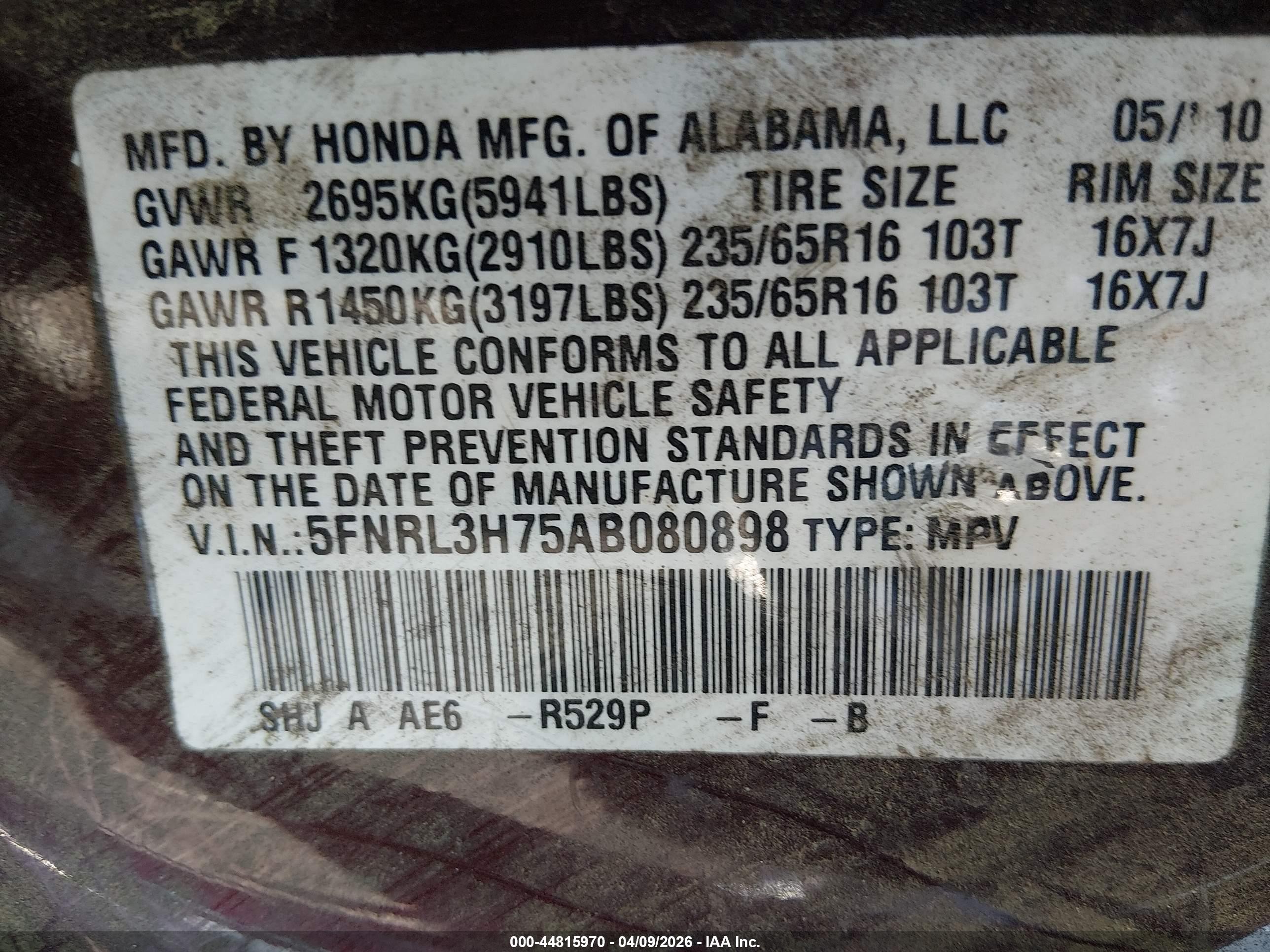 2010 Honda Odyssey Ex-l Burgundy vin: 5FNRL3H75AB080898