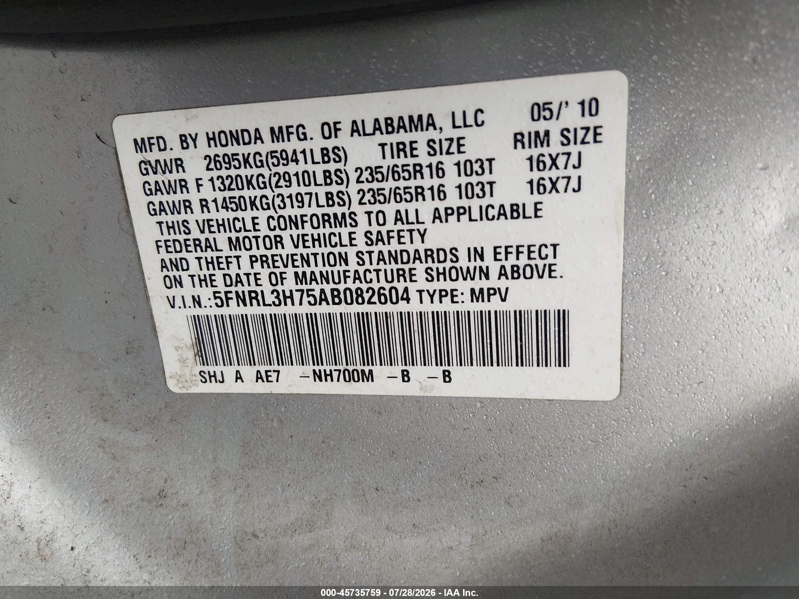 2010 Honda Odyssey Ex-l Silver vin: 5FNRL3H75AB082604