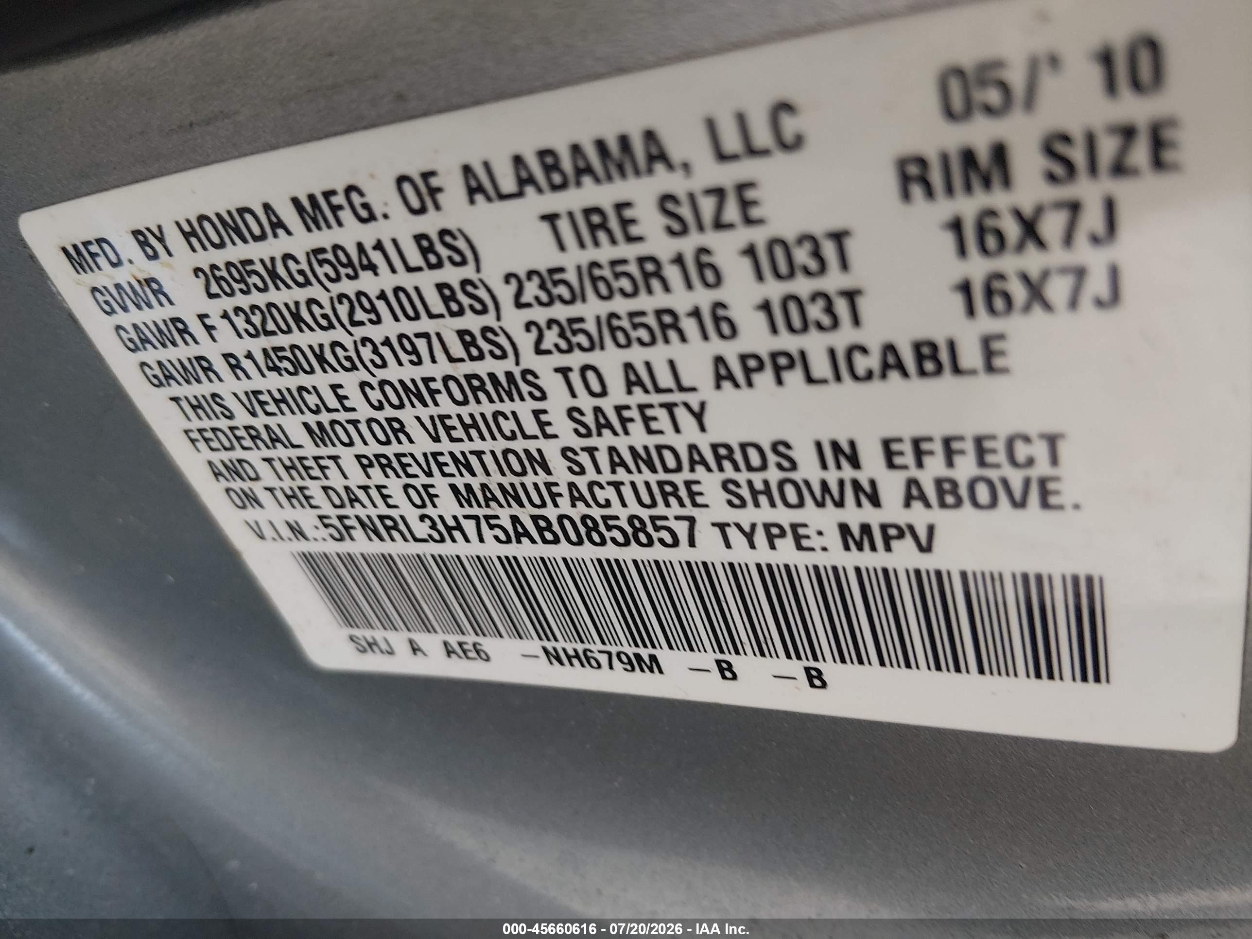 2010 Honda Odyssey Ex-l Silver vin: 5FNRL3H75AB085857
