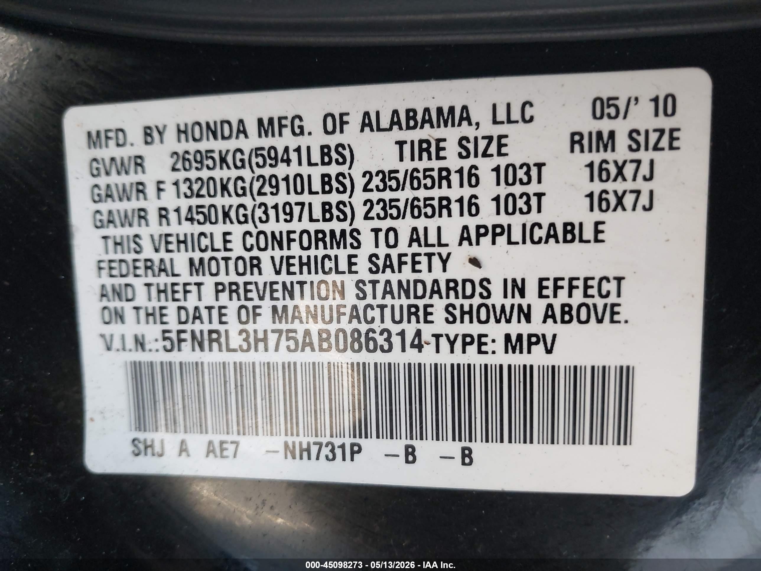 2010 Honda Odyssey Ex-l Black vin: 5FNRL3H75AB086314