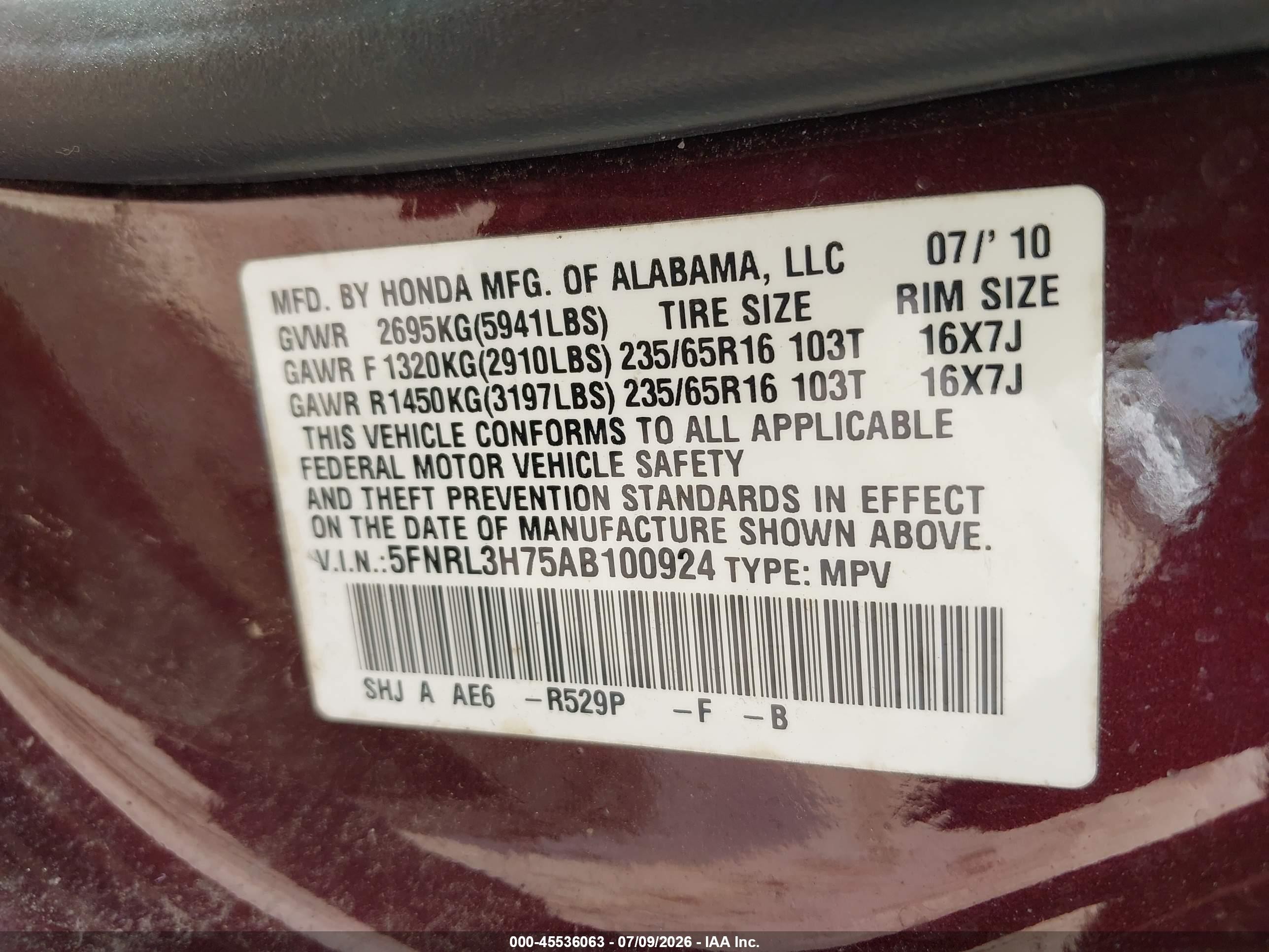 2010 Honda Odyssey Ex-l Maroon vin: 5FNRL3H75AB100924
