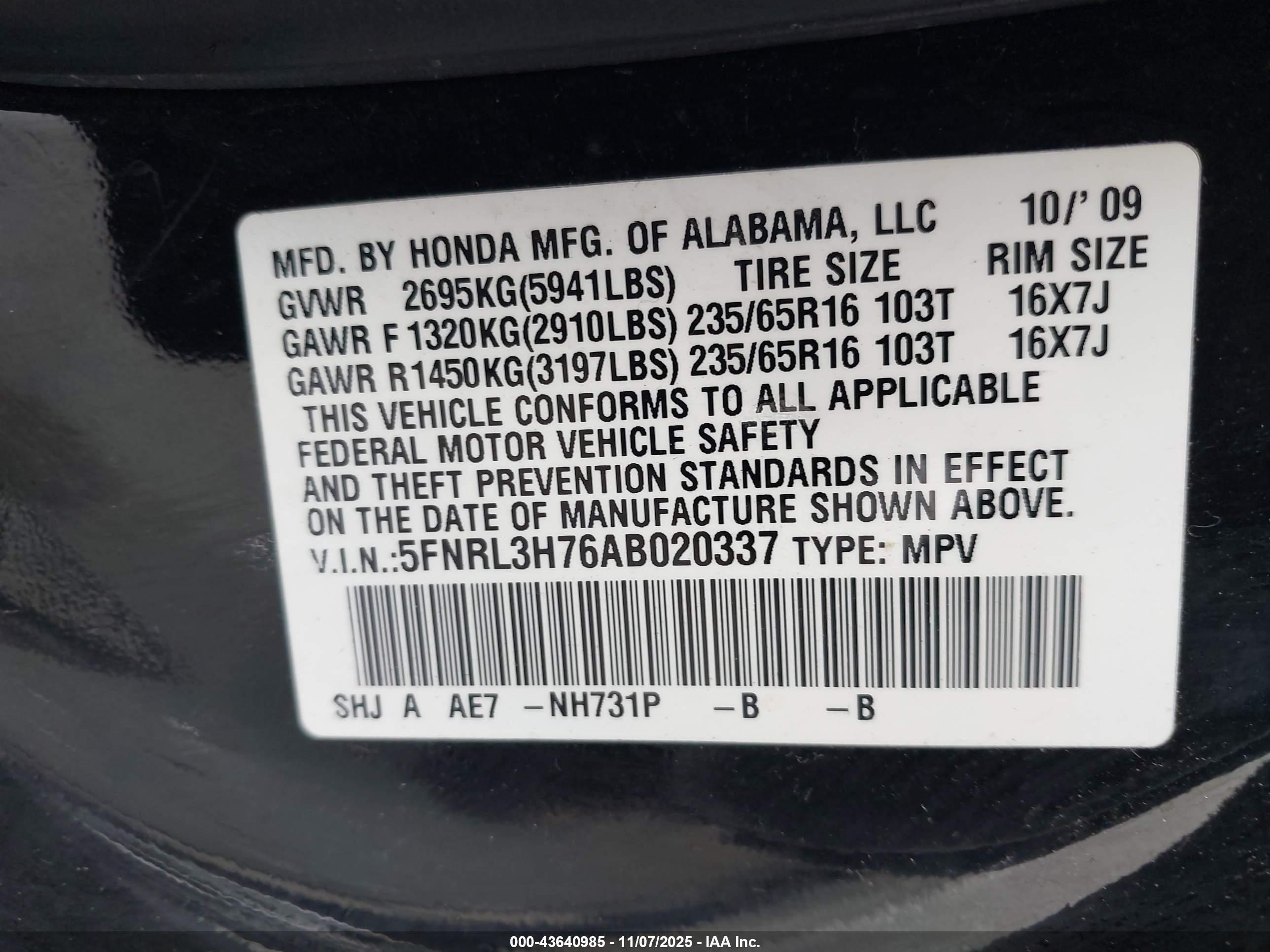 2010 Honda Odyssey Ex-l Black vin: 5FNRL3H76AB020337