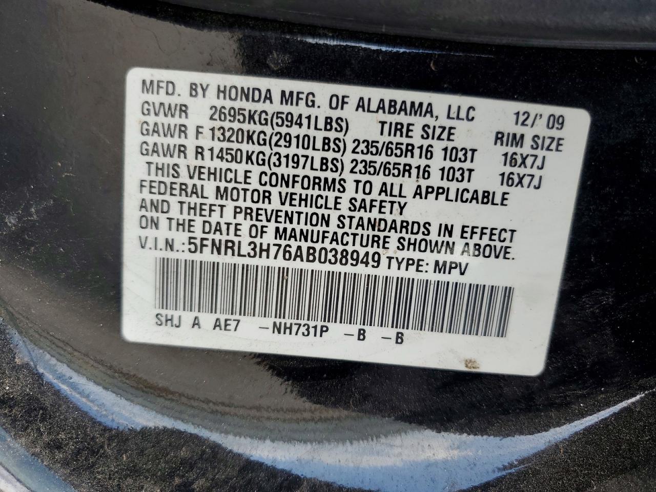 2010 Honda Odyssey Exl Black vin: 5FNRL3H76AB038949