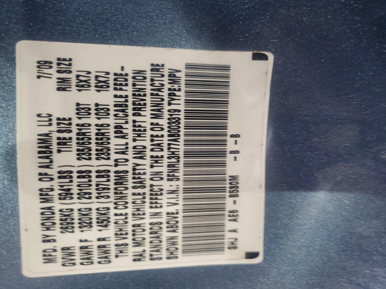 2010 Honda Odyssey Exl Blue vin: 5FNRL3H77AB003319
