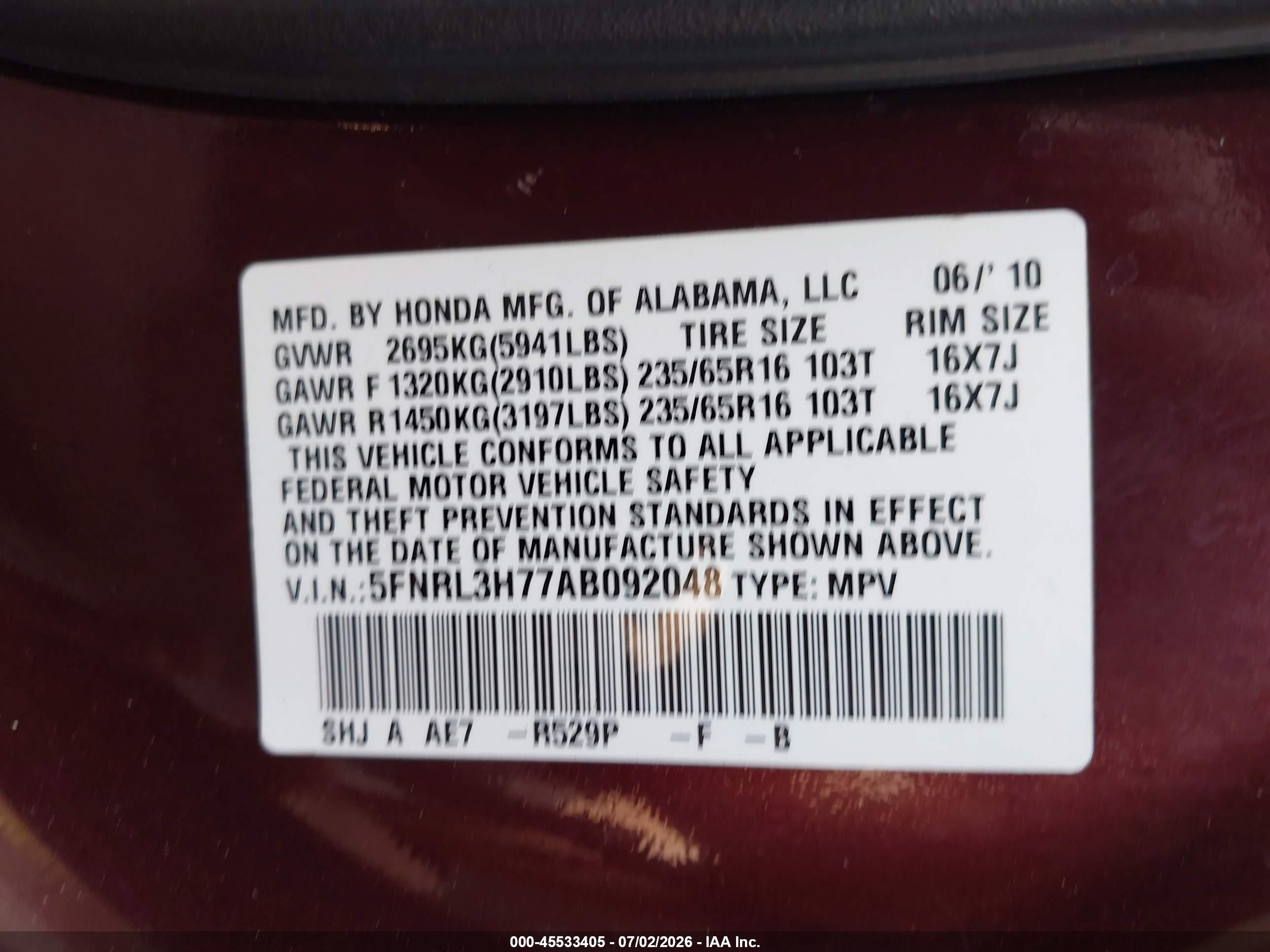 2010 Honda Odyssey Ex-l Purple vin: 5FNRL3H77AB092048