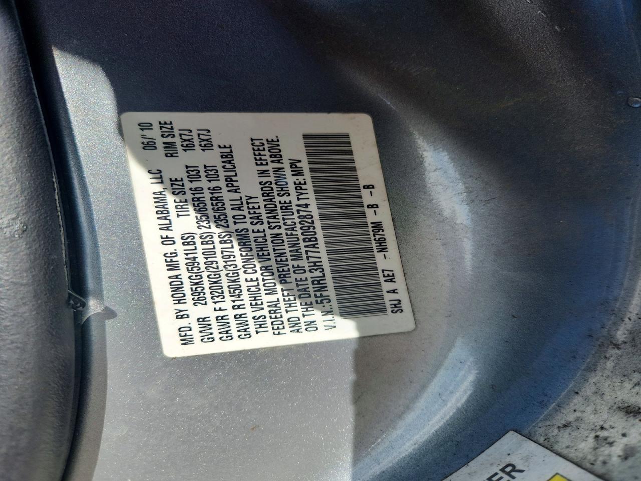 2010 Honda Odyssey Exl Blue vin: 5FNRL3H77AB092874