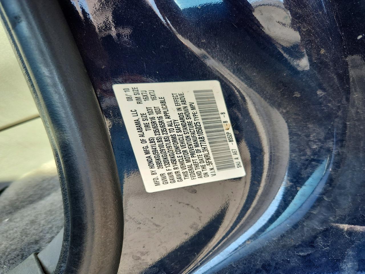 2010 Honda Odyssey Exl Blue vin: 5FNRL3H77AB105025
