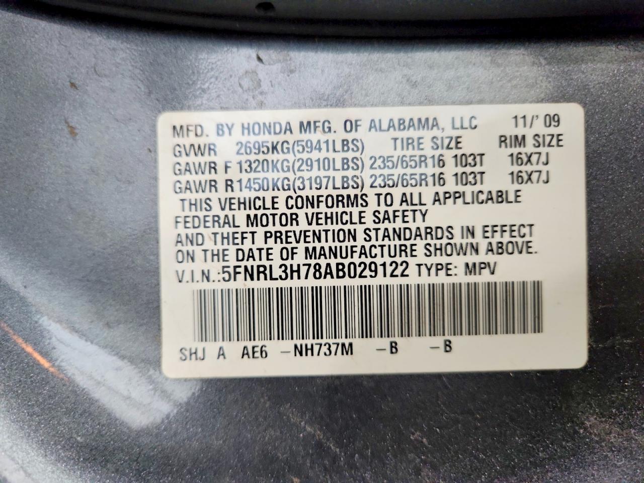 2010 Honda Odyssey Exl Gray vin: 5FNRL3H78AB029122
