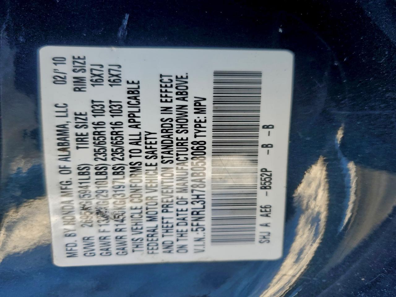 2010 Honda Odyssey Exl Blue vin: 5FNRL3H78AB058068