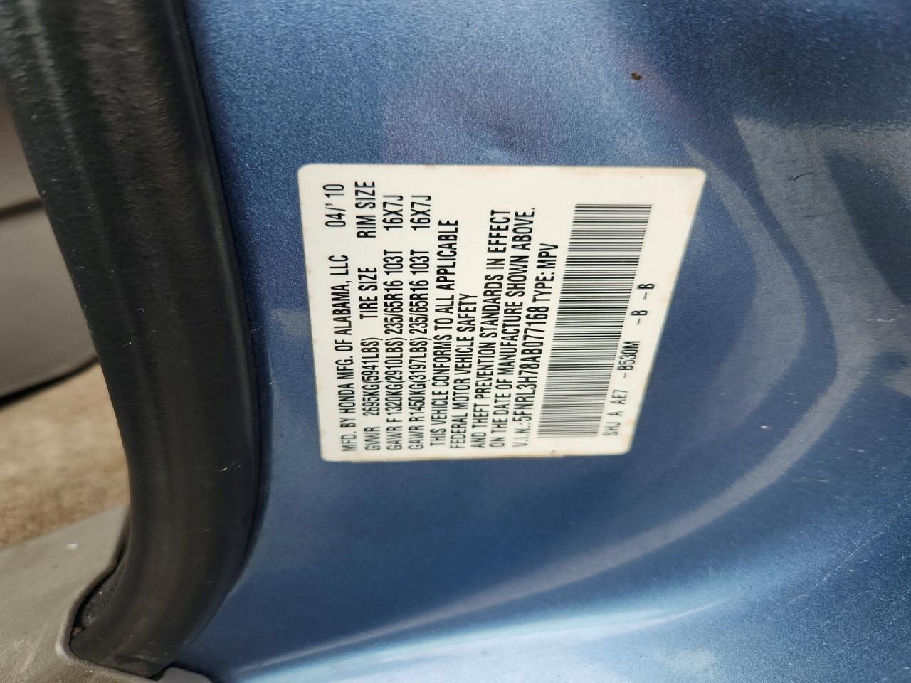 2010 Honda Odyssey Exl Blue vin: 5FNRL3H78AB077168