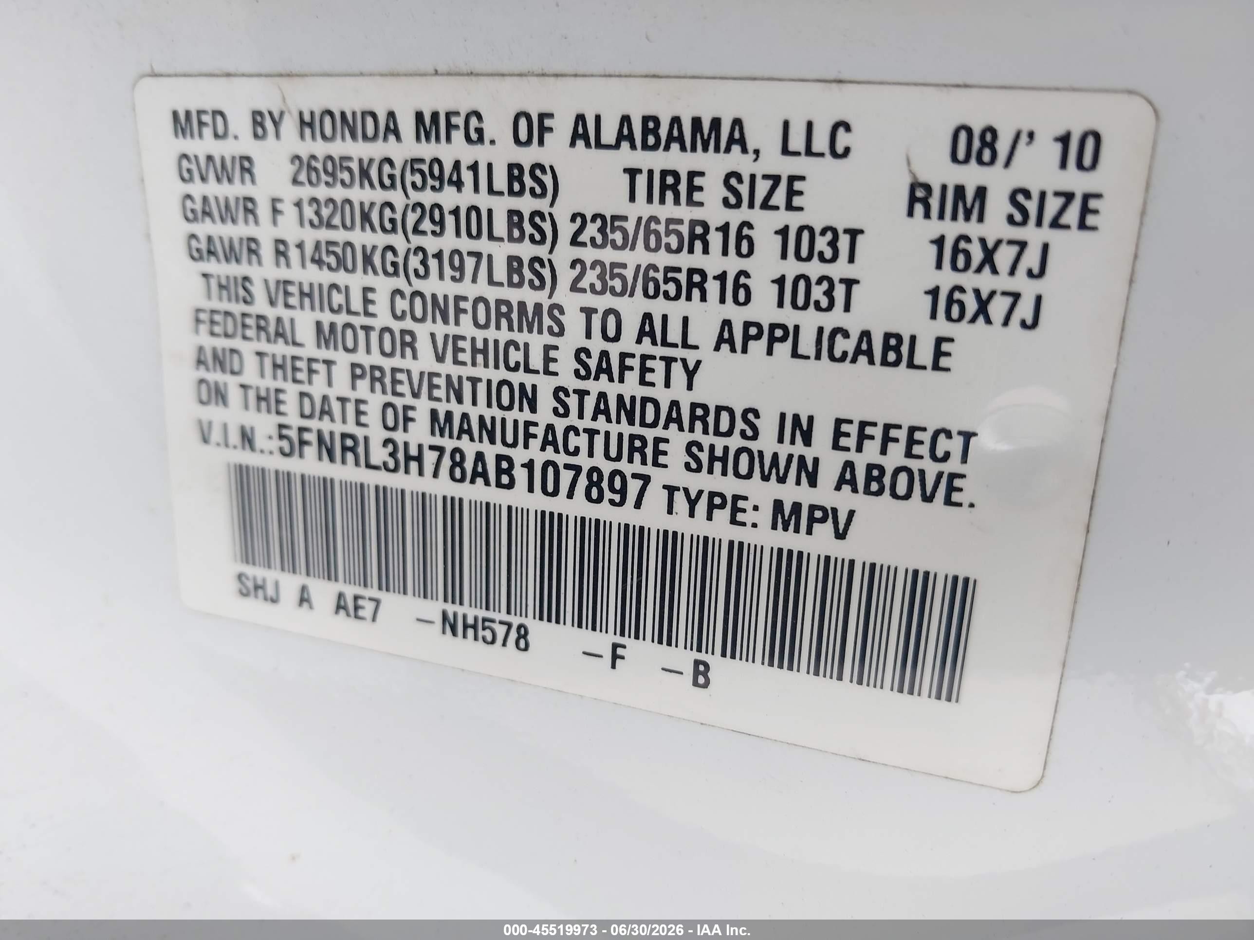 2010 Honda Odyssey Ex-l Белый vin: 5FNRL3H78AB107897