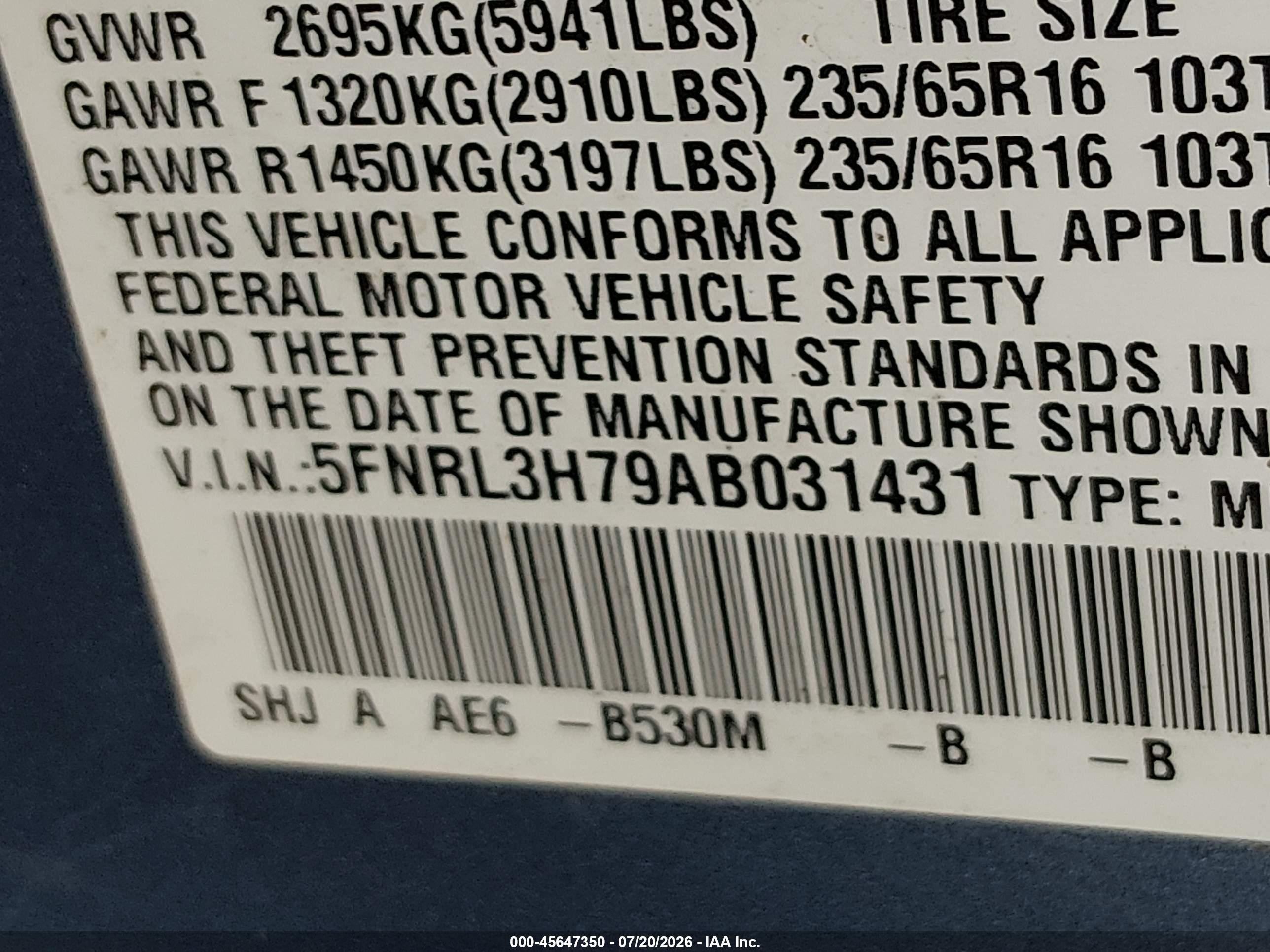 2010 Honda Odyssey Ex-l Light Blue vin: 5FNRL3H79AB031431