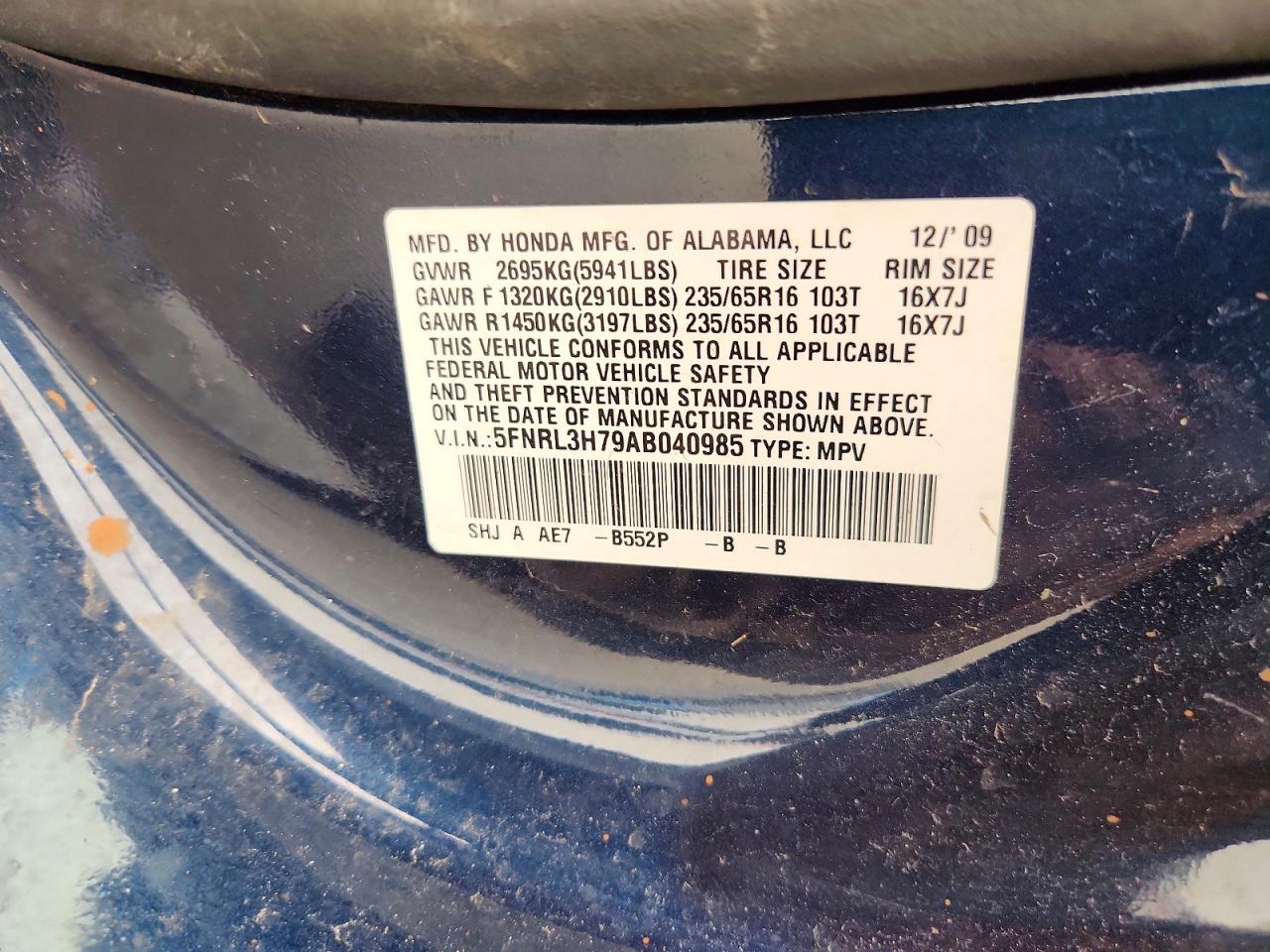 2010 Honda Odyssey Exl Blue vin: 5FNRL3H79AB040985