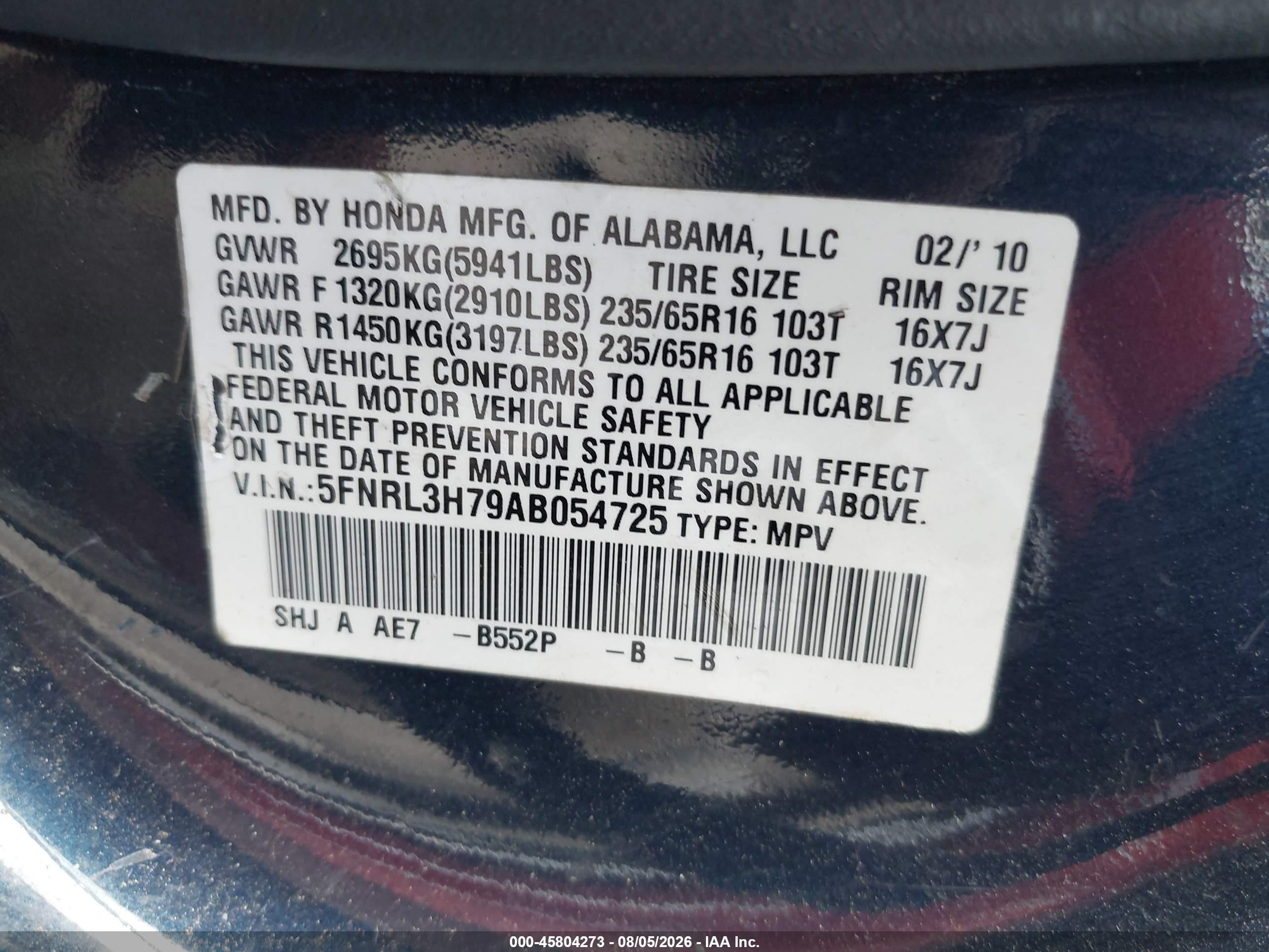2010 Honda Odyssey Ex-l Синий vin: 5FNRL3H79AB054725