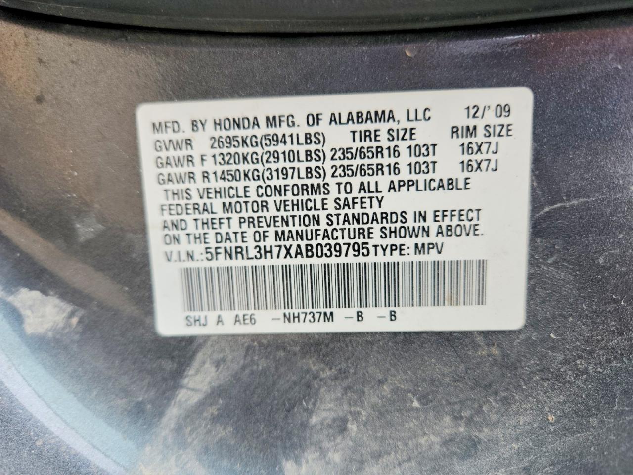 2010 Honda Odyssey Exl Gray vin: 5FNRL3H7XAB039795