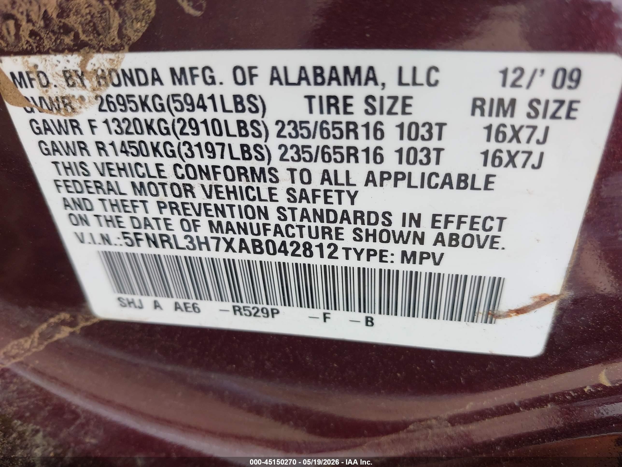 2010 Honda Odyssey Ex-l Burgundy vin: 5FNRL3H7XAB042812