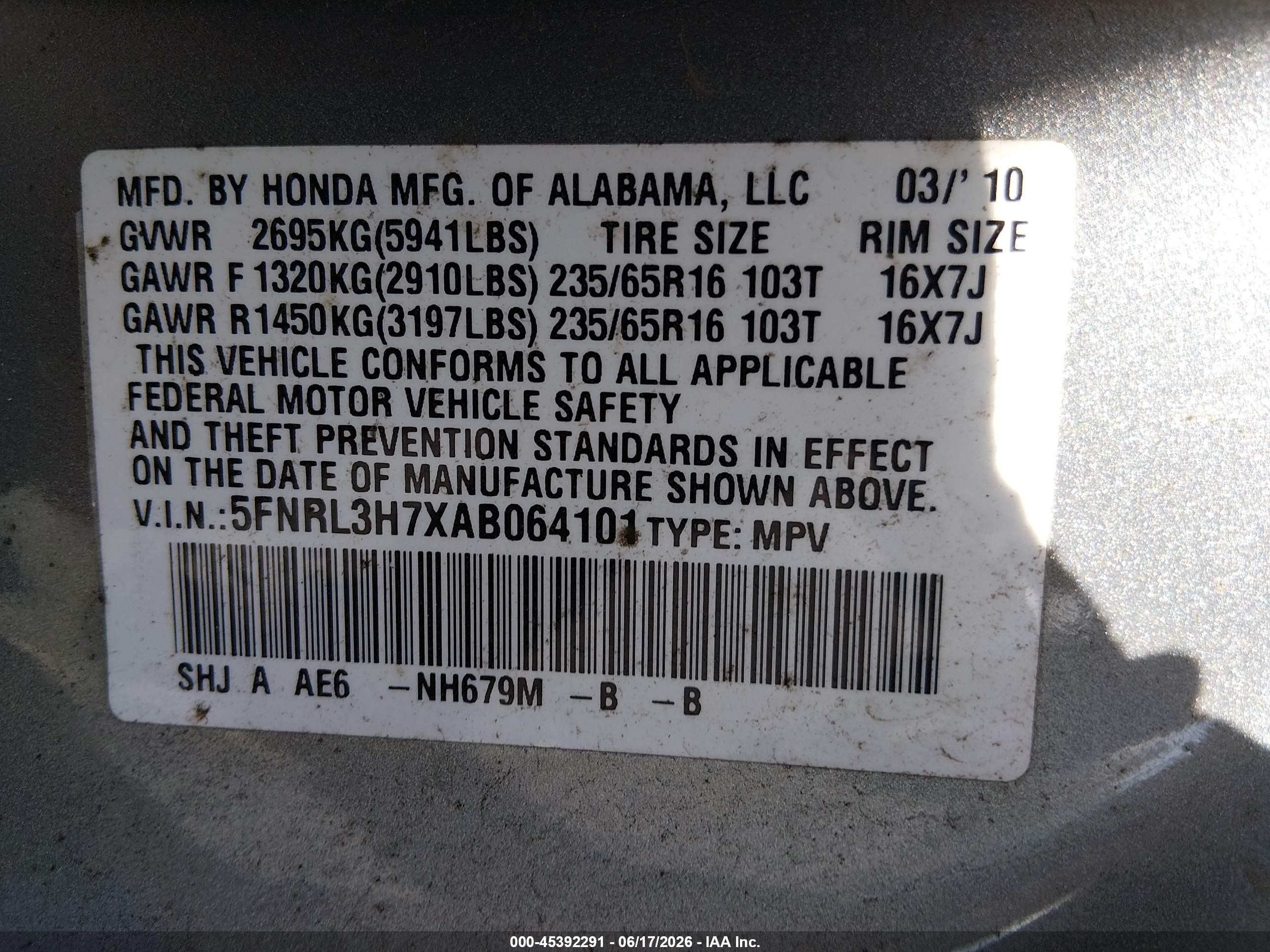 2010 Honda Odyssey Ex-l Light Blue vin: 5FNRL3H7XAB064101