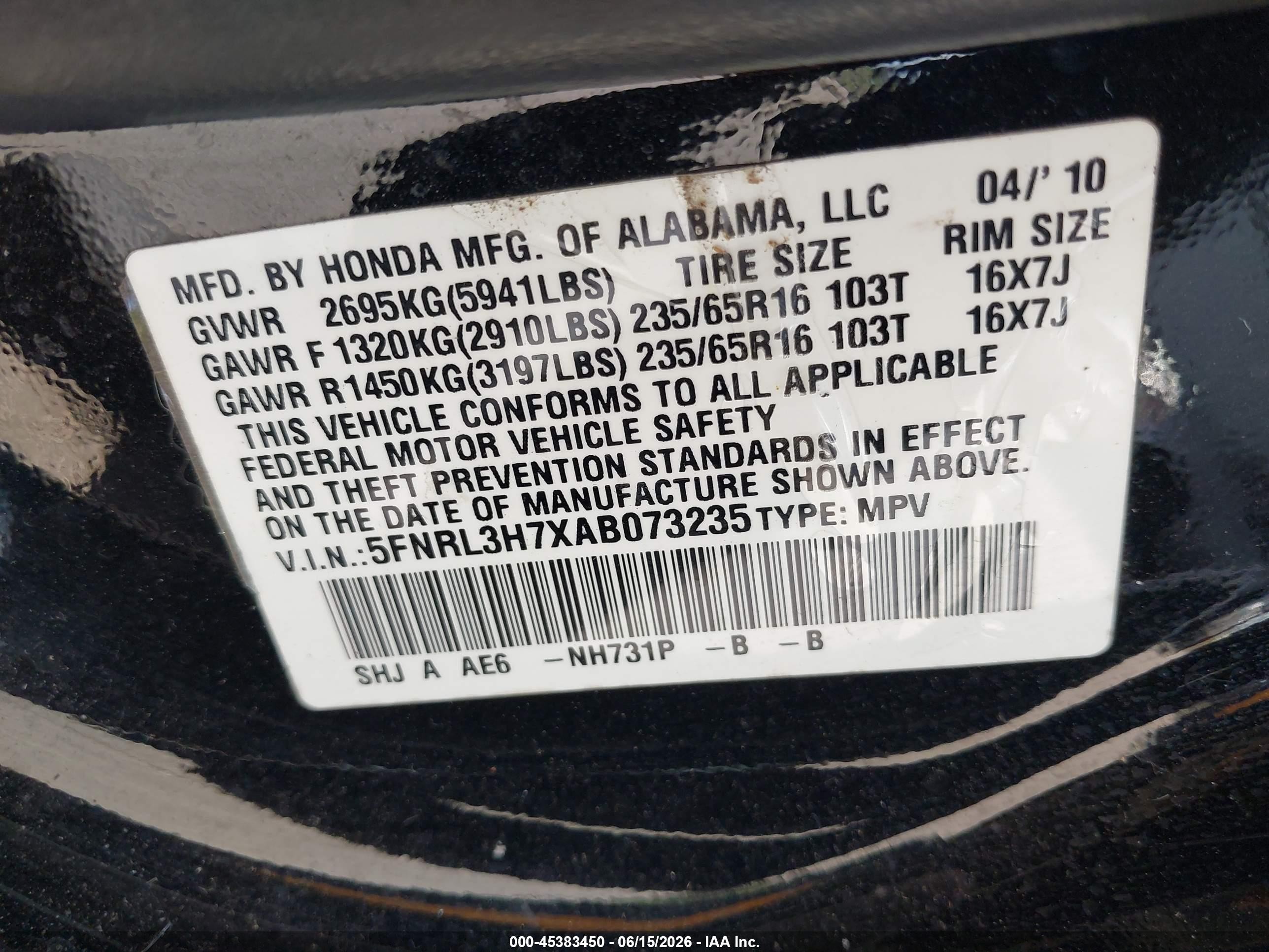 2010 Honda Odyssey Ex-l Black vin: 5FNRL3H7XAB073235